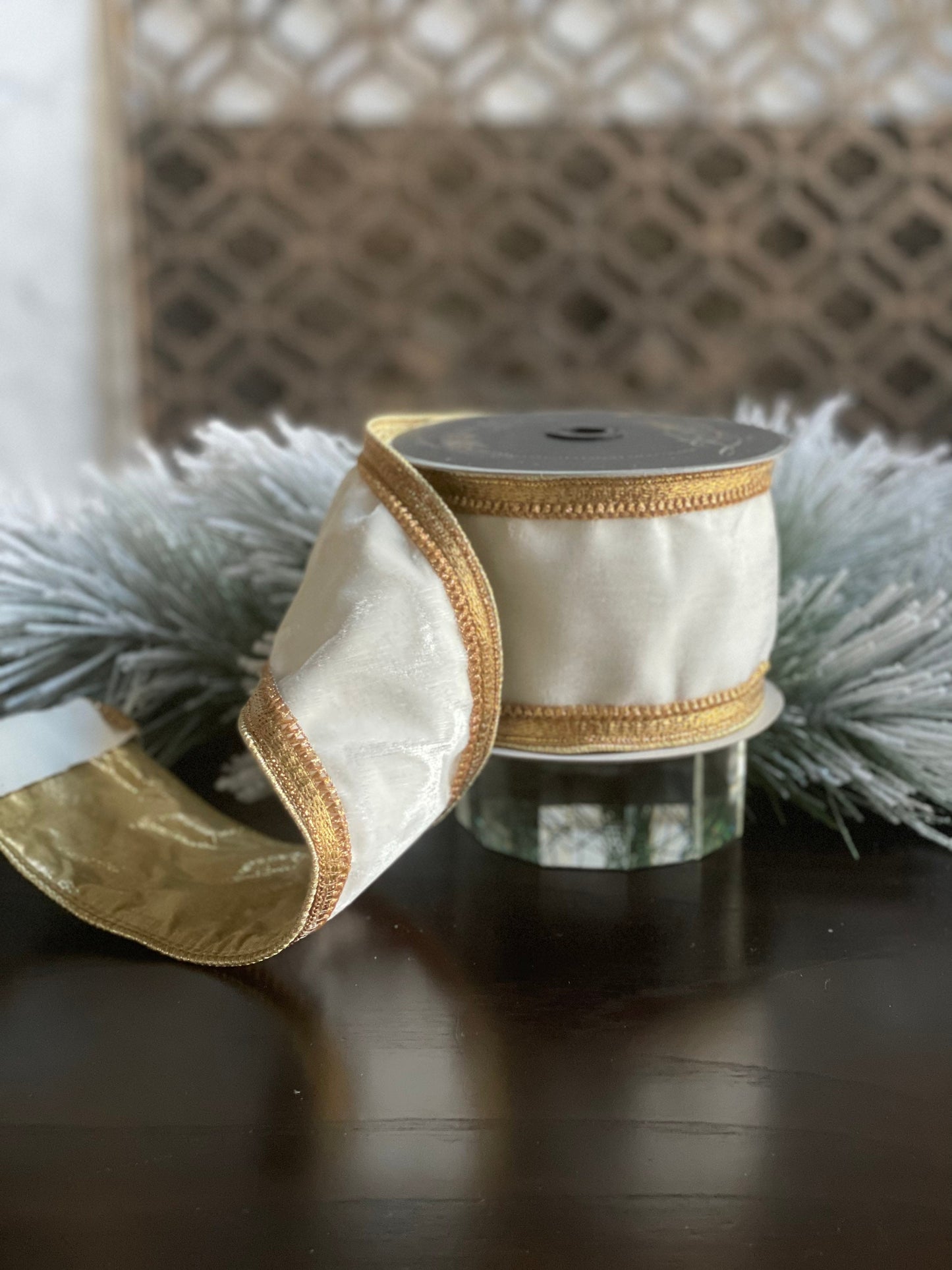 Designer classic borders velvet ivory and gold wired ribbon 4” x 5 yards.*
