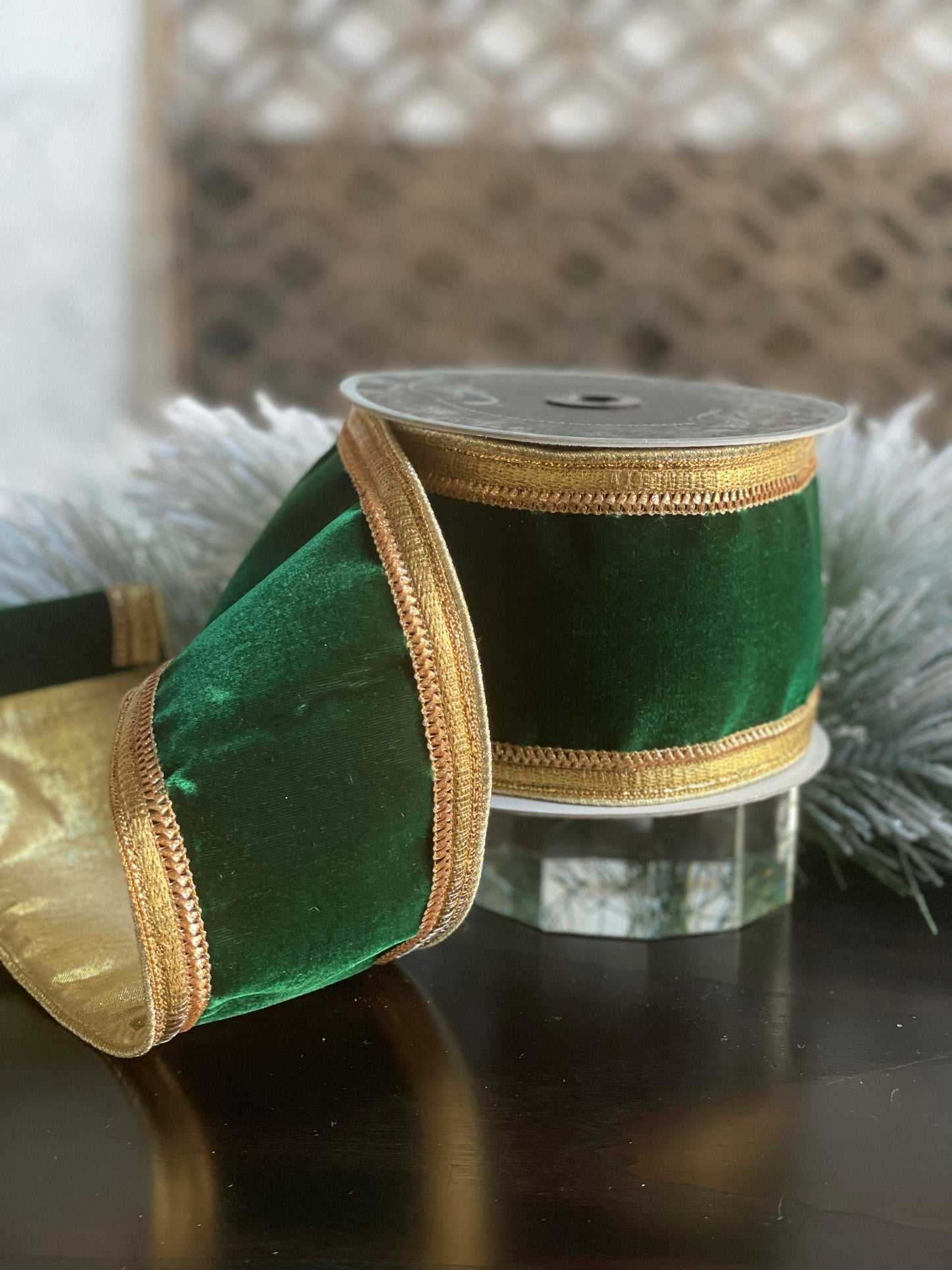 Designer classic borders emerald and gold wired ribbon 4” x 5 yards.*