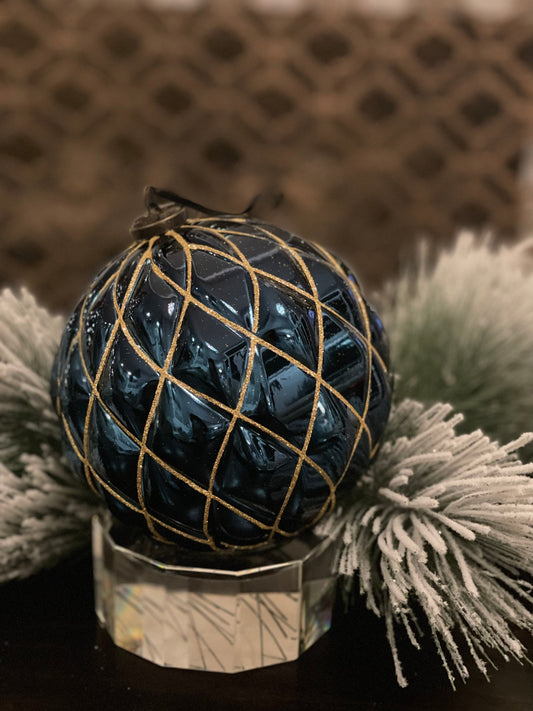 150 mm Blue and gold Glitter shiny Ornament Ball. Diamond pattern. Shatterproof.