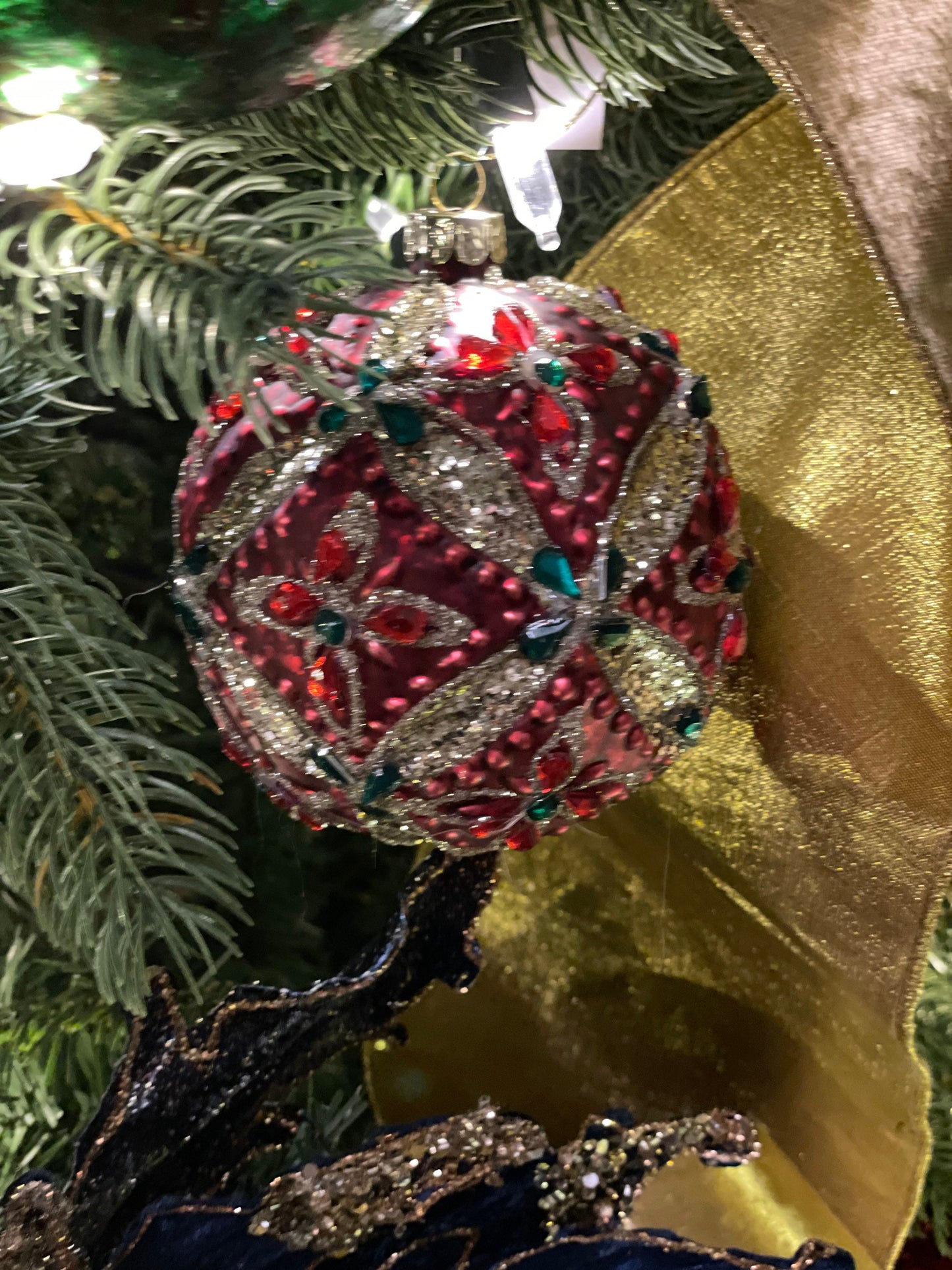 4” glass flower red and green ball ornament. Set of 2. One red and one green.