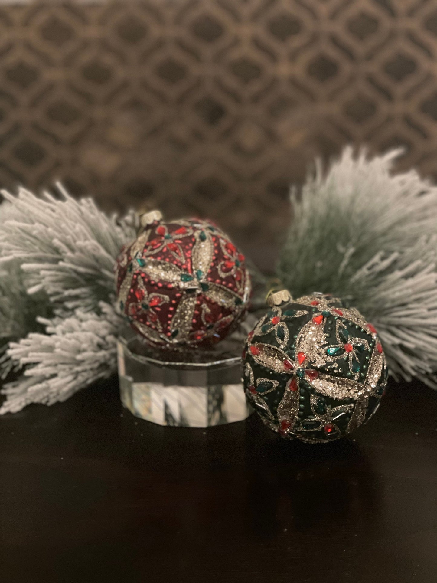 4” glass flower red and green ball ornament. Set of 2. One red and one green.