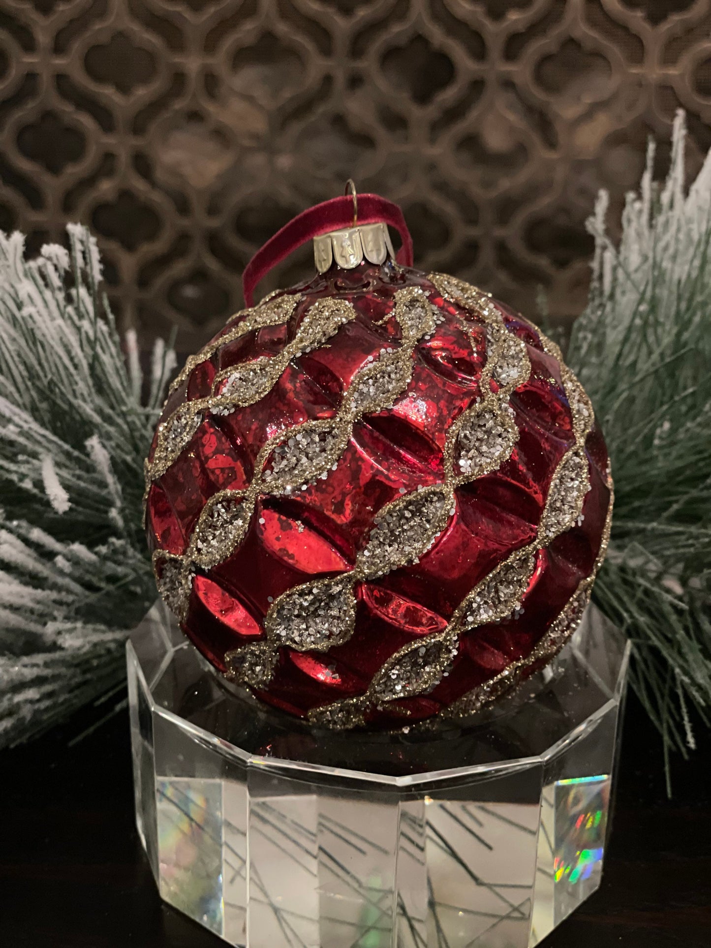 4" Mercury glass beaded ribbon ball ornament. Red and gold.
