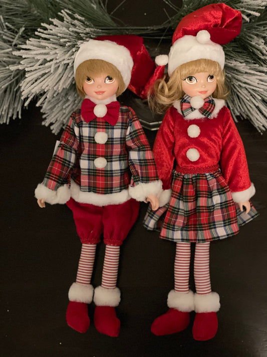 17” Elf boy and girl velvet plaid. Set of 2. Posable.*