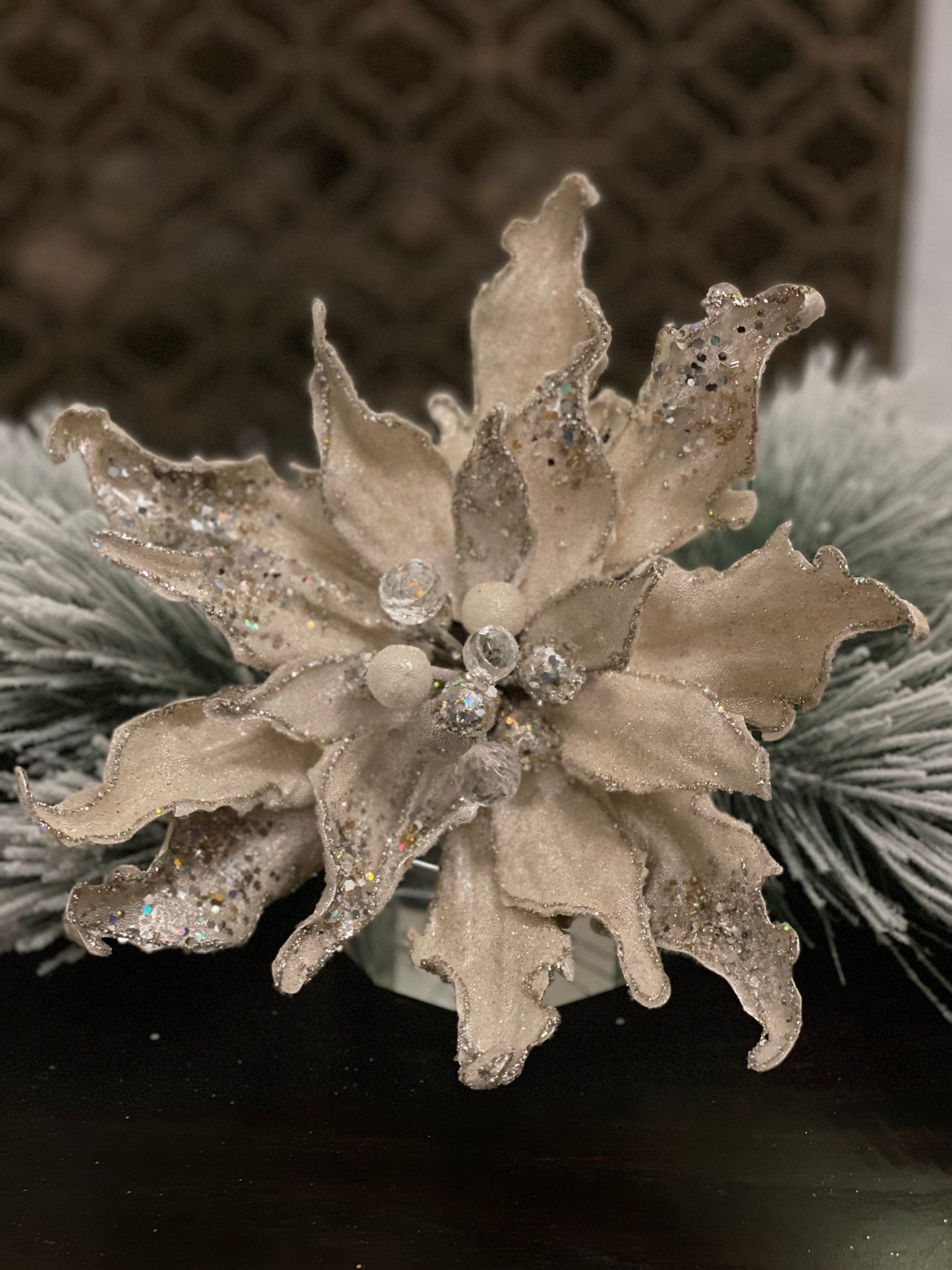 12” Poinsettia beaded jeweled glitter stem. Ivory/platinum