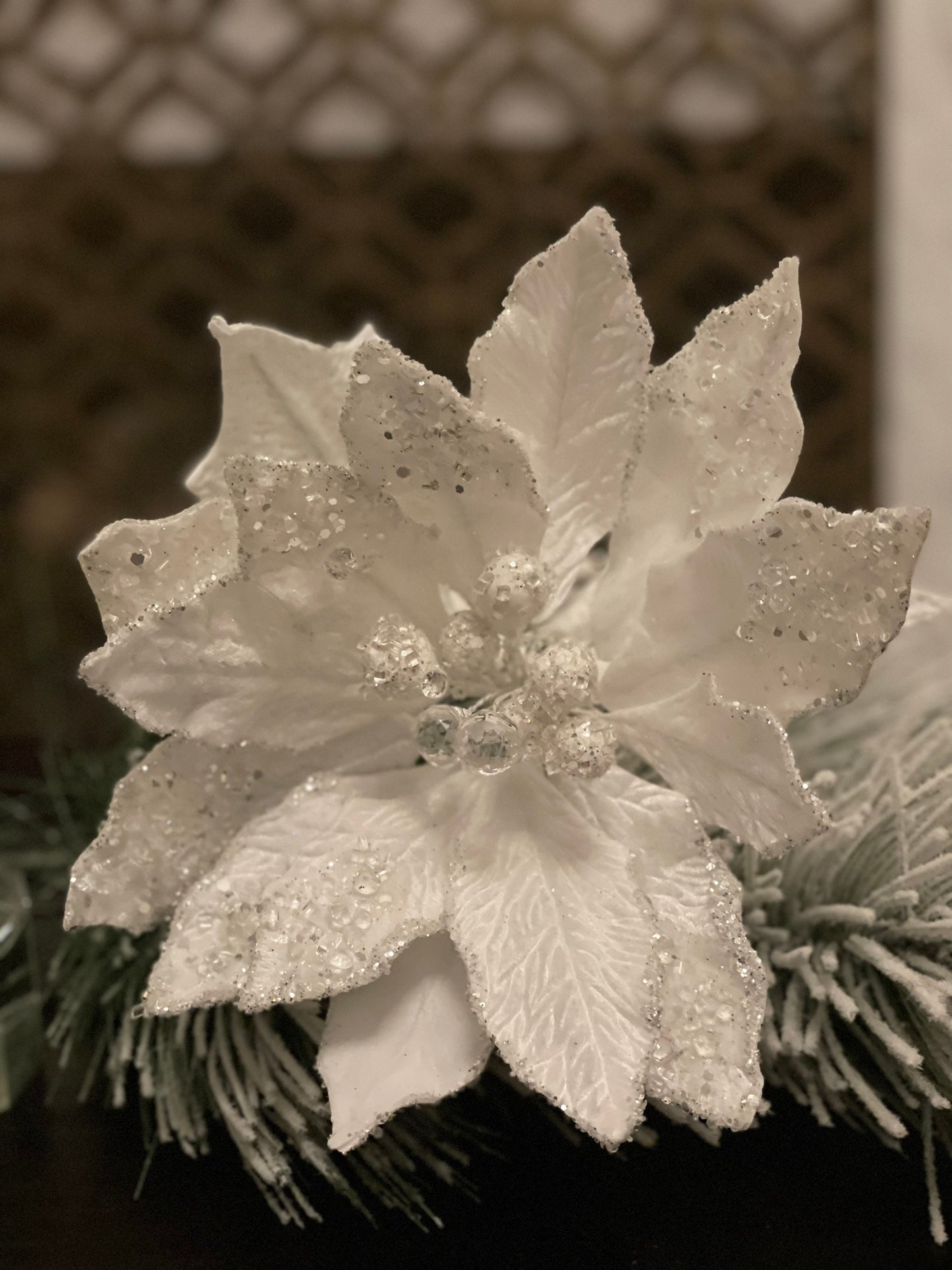 11” Poinsettia velvet sequins jeweled glitter stem. Icy white.