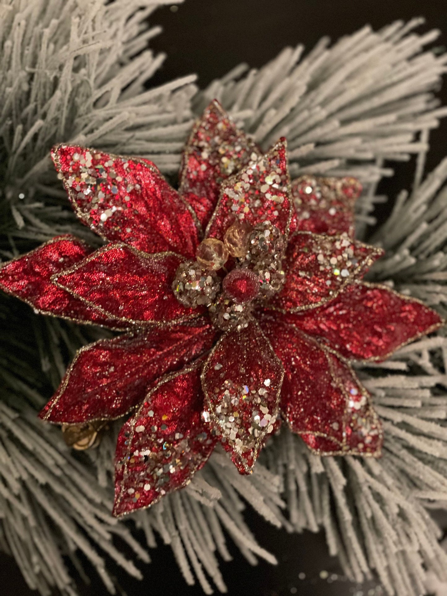 8” Red poinsettia beaded and metallic. red and soft gold. Clip poinsettia.