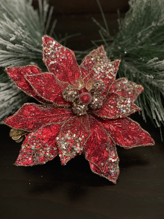 8” Red poinsettia beaded and metallic. red and soft gold. Clip poinsettia.