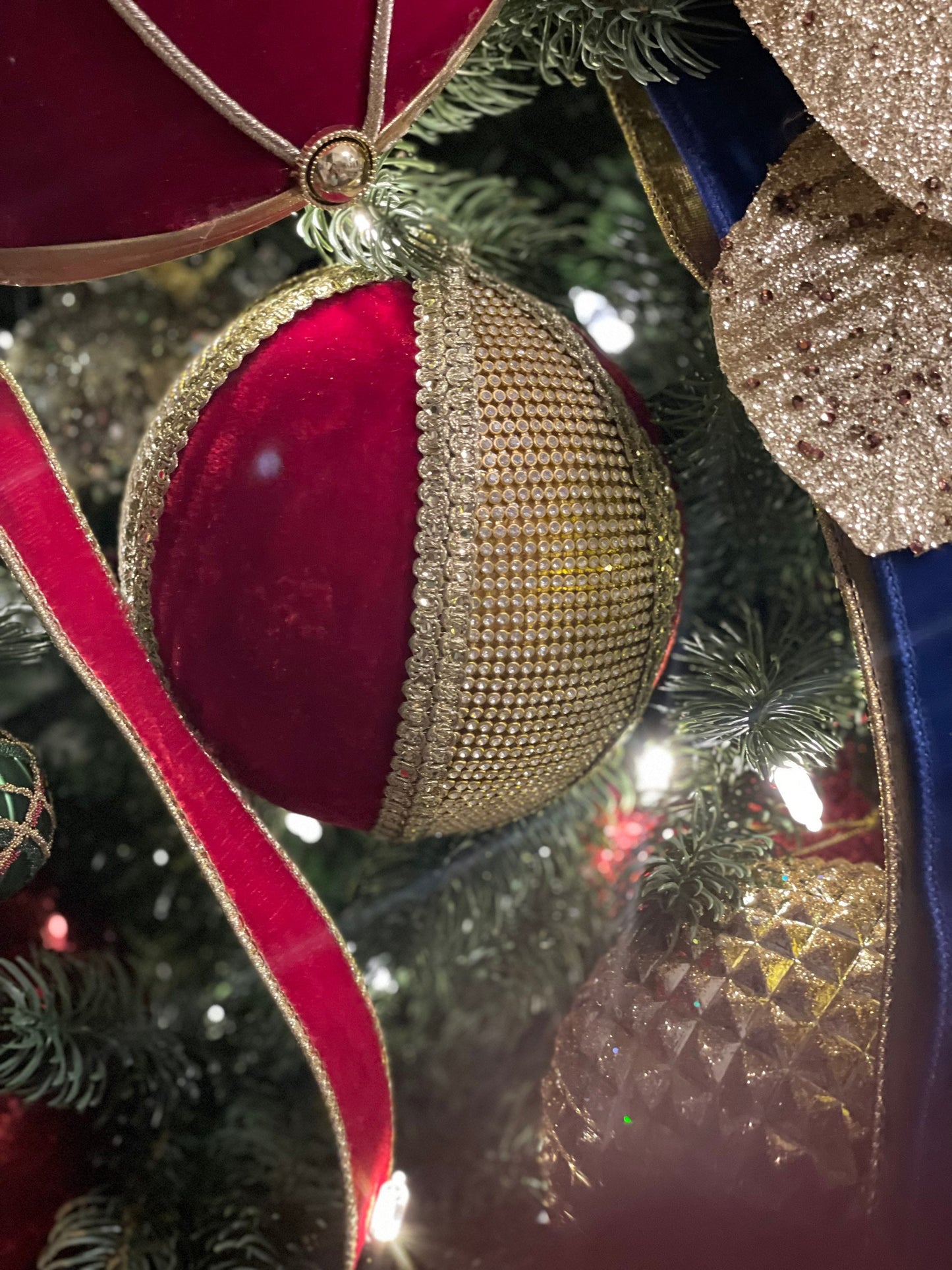 6” Velvet and lace ball ornament red and gold.