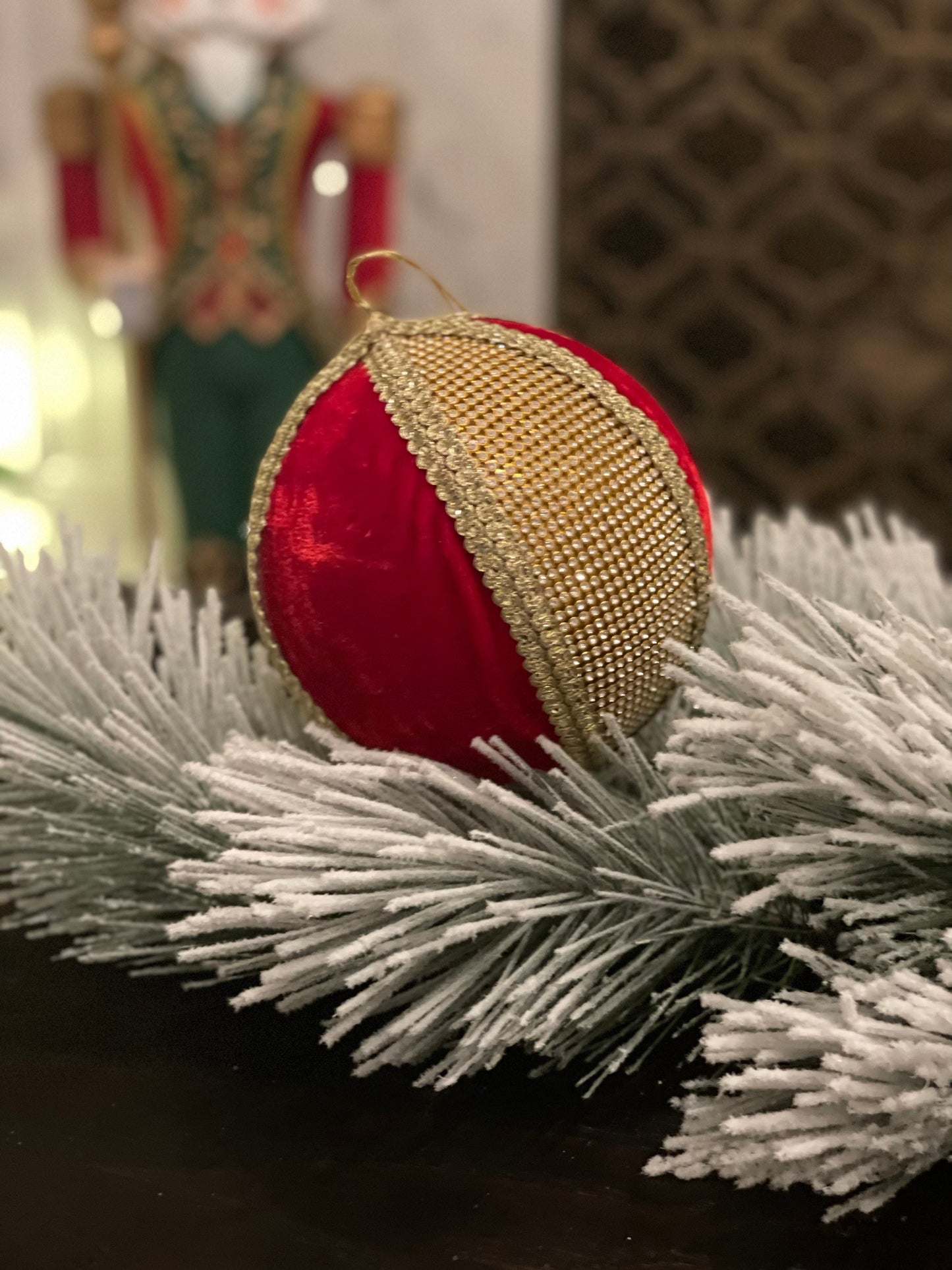6” Velvet and lace ball ornament red and gold.
