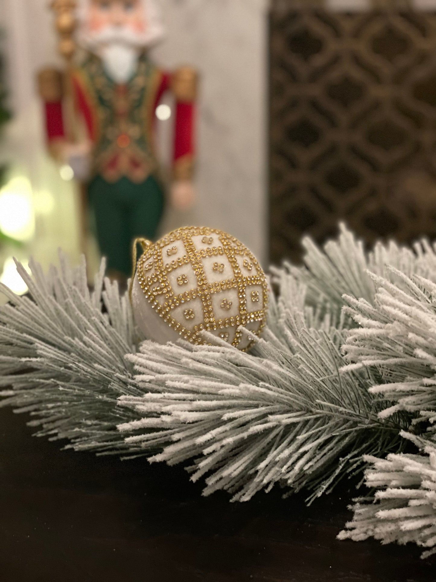 4” Velvet and crystal ball ornament ivory and gold.