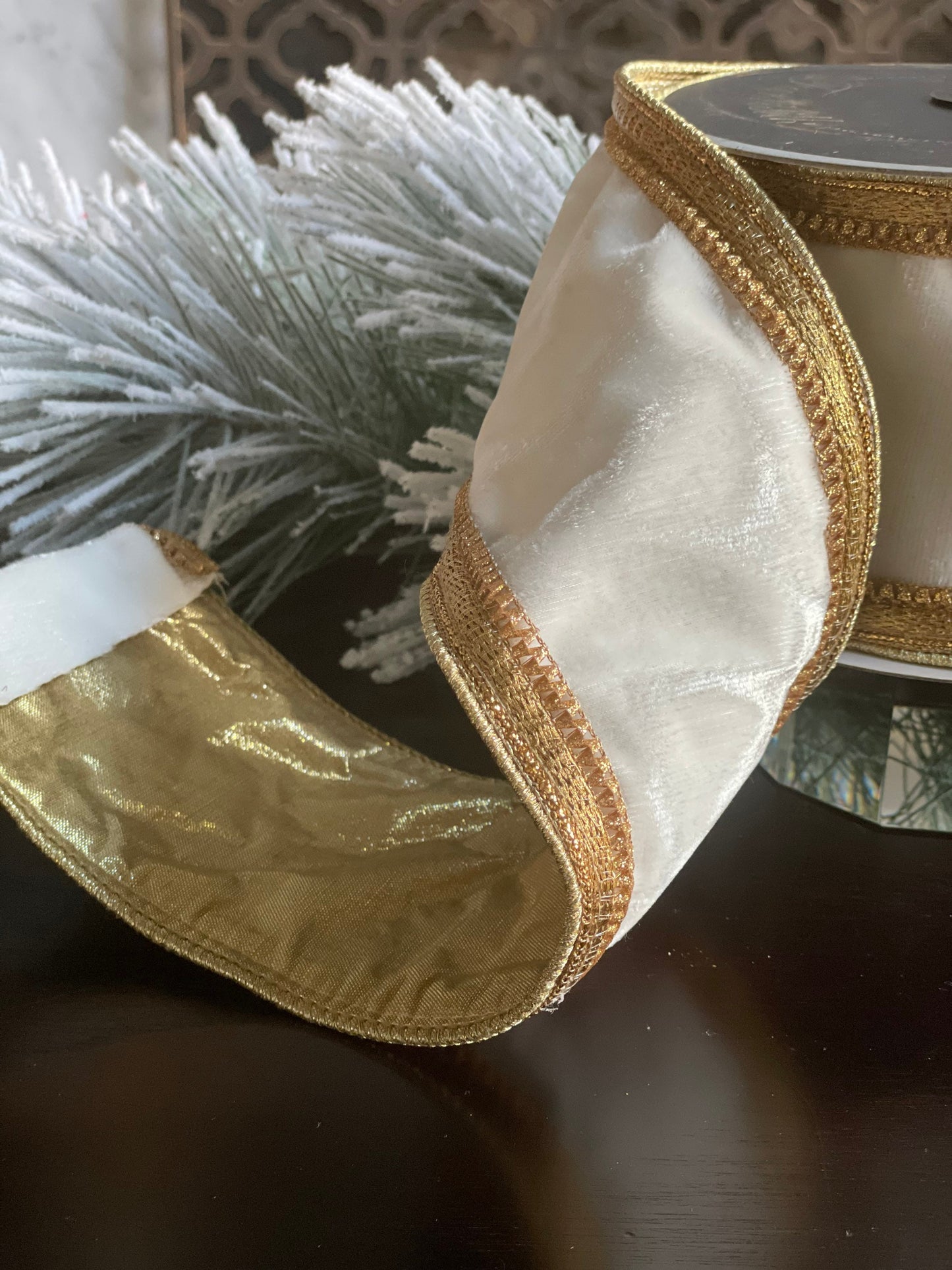 Designer classic borders velvet ivory and gold wired ribbon 4” x 5 yards.*