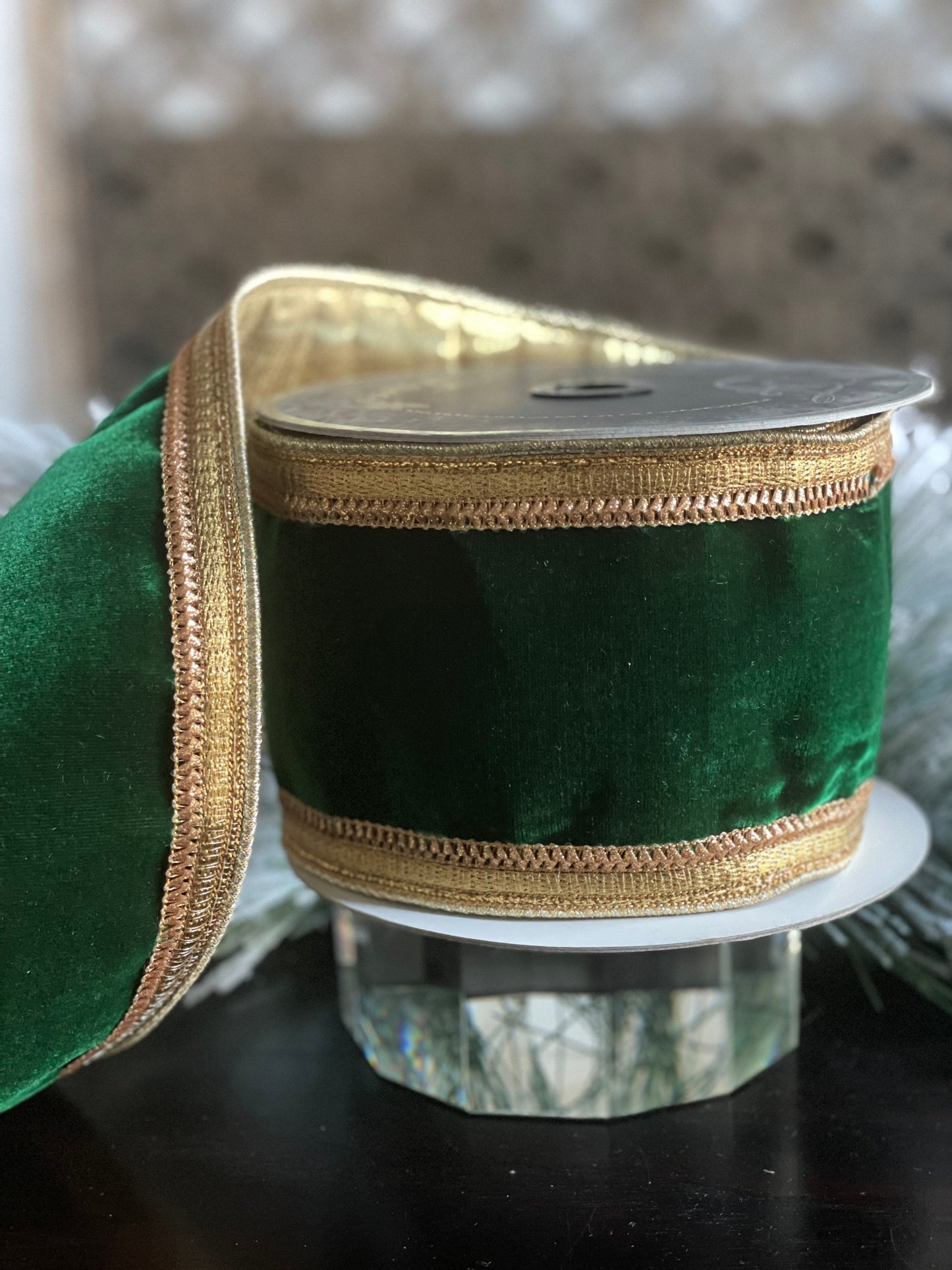 Designer classic borders emerald and gold wired ribbon 4” x 5 yards.*