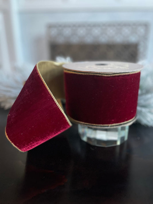 4” x 10 yds. Designer lush velvet ruby gold ribbon with light gold back.