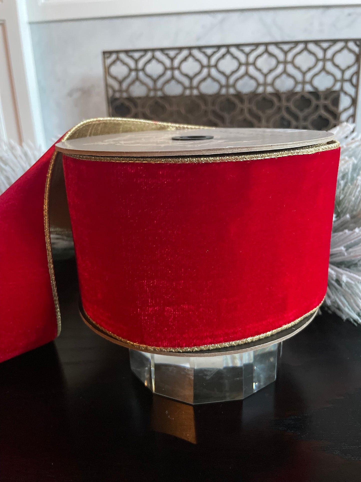 Designer lush velvet red, light gold back ribbon. 4”x 10 yards. Wired.