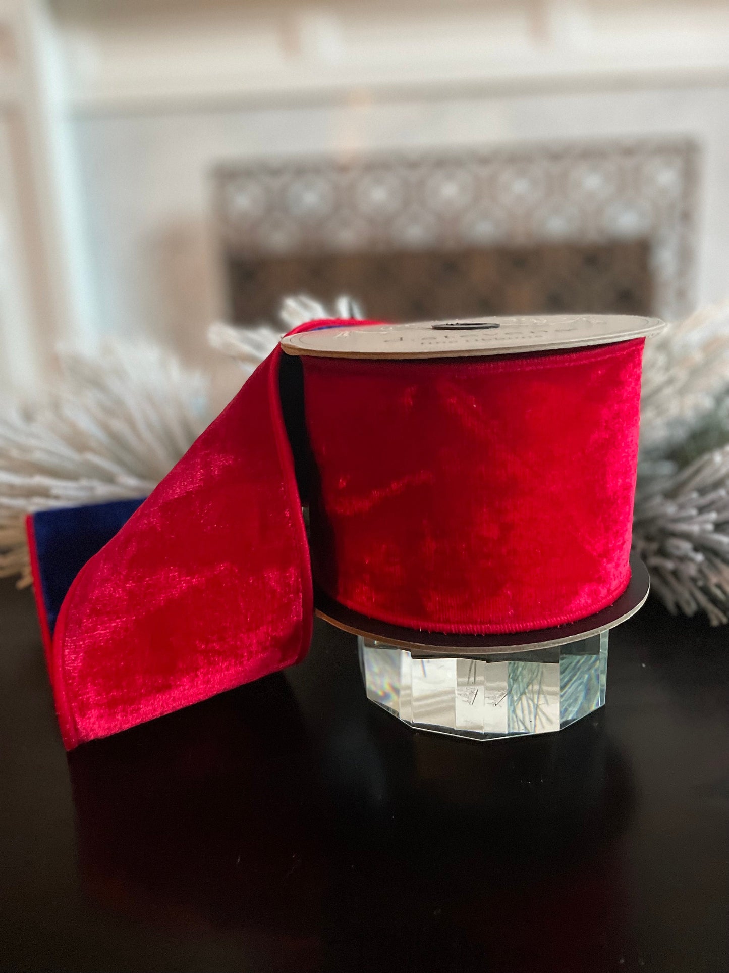 Designer Red and Royal blue back double sided velvet ribbon. 4”x 5 yards. Wired. D. Stevens.
