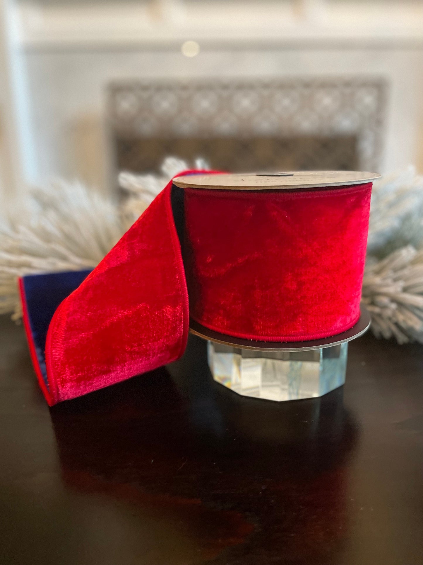 Designer Red and Royal blue back double sided velvet ribbon. 4”x 5 yards. Wired. D. Stevens.