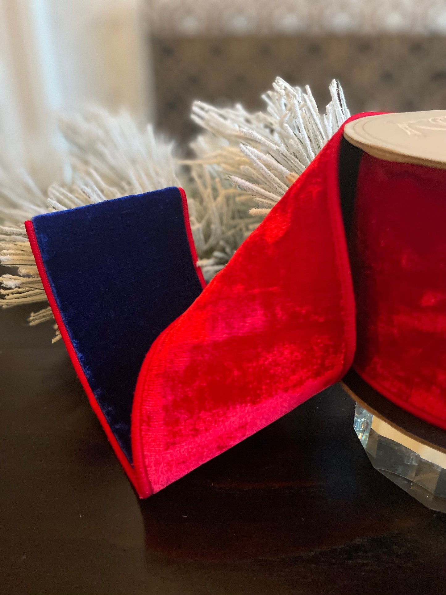Designer Red and Royal blue back double sided velvet ribbon. 4”x 5 yards. Wired. D. Stevens.