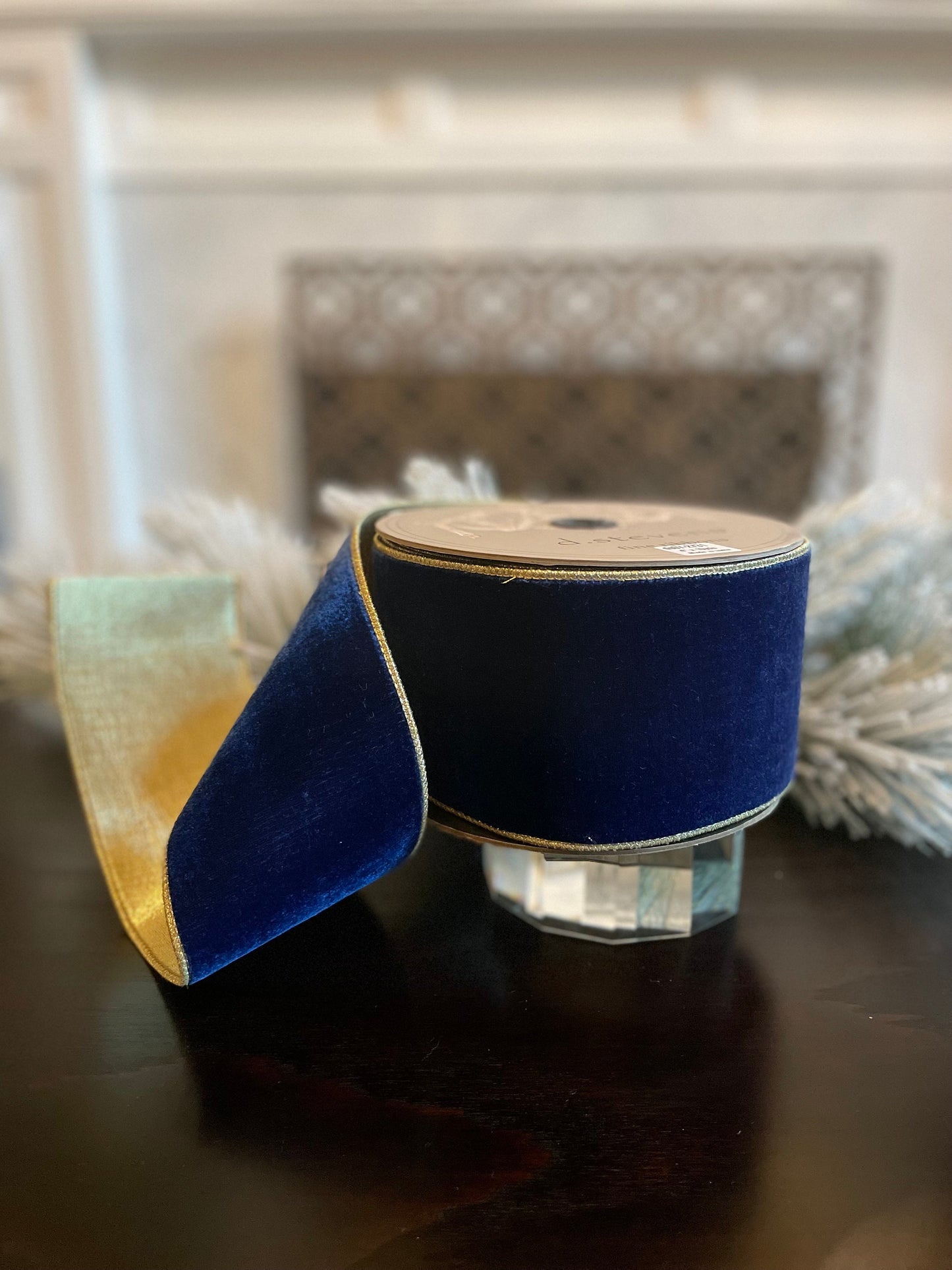 Designer lush velvet sapphire, light gold back ribbon. 4”x 10 yards. Wired. D. Stevens.