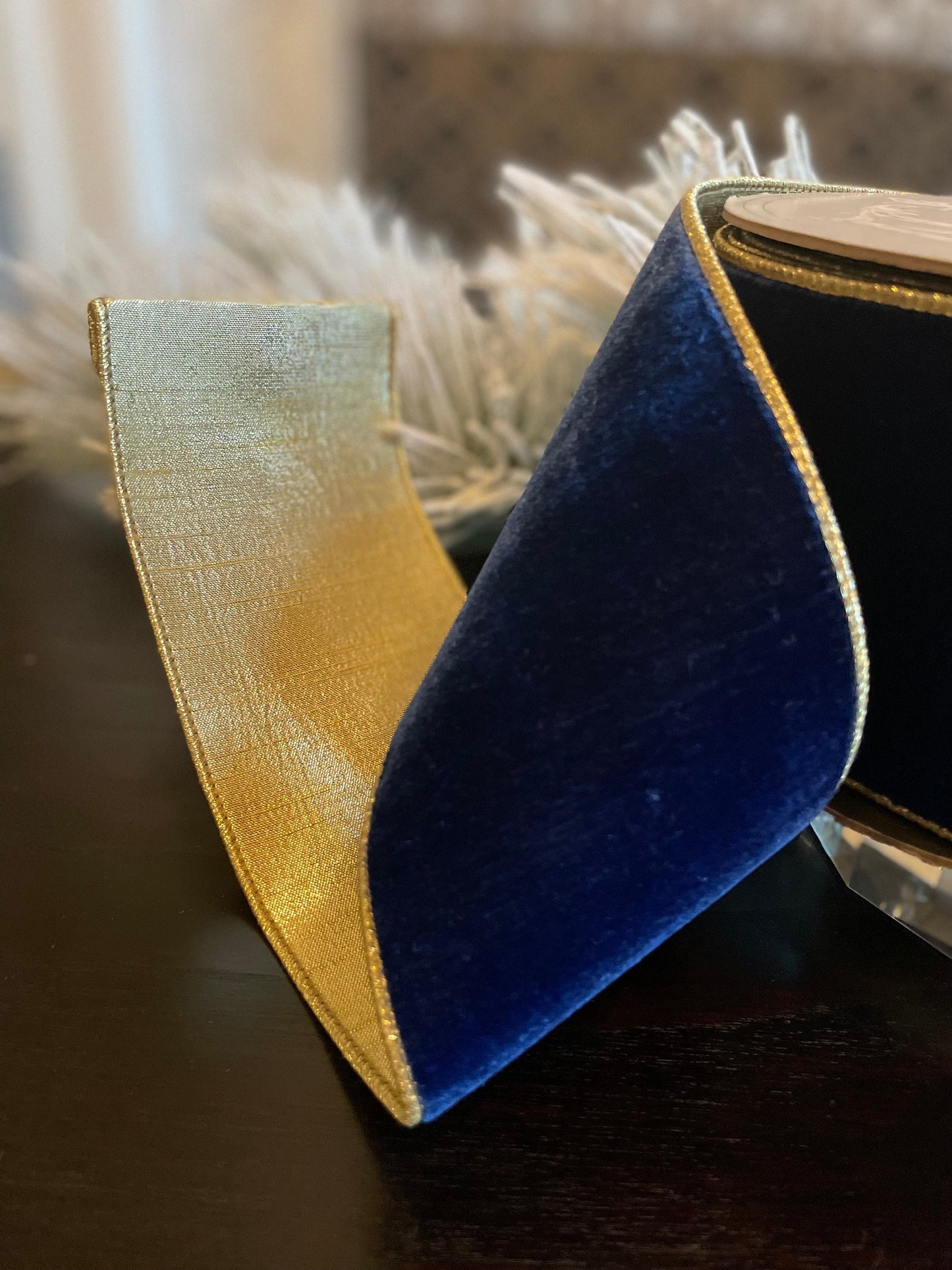 Designer lush velvet sapphire, light gold back ribbon. 4”x 10 yards. Wired. D. Stevens.