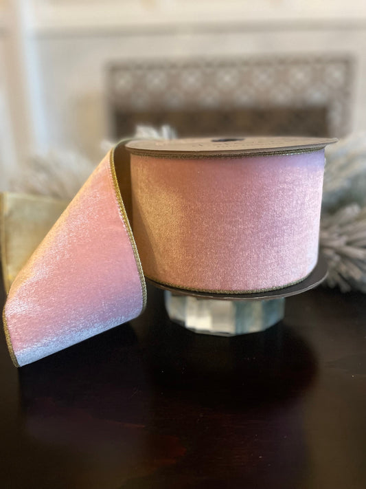 Designer pink strawberry lush velvet light gold back ribbon. 4”x 10 yards. Wired. D. Stevens.