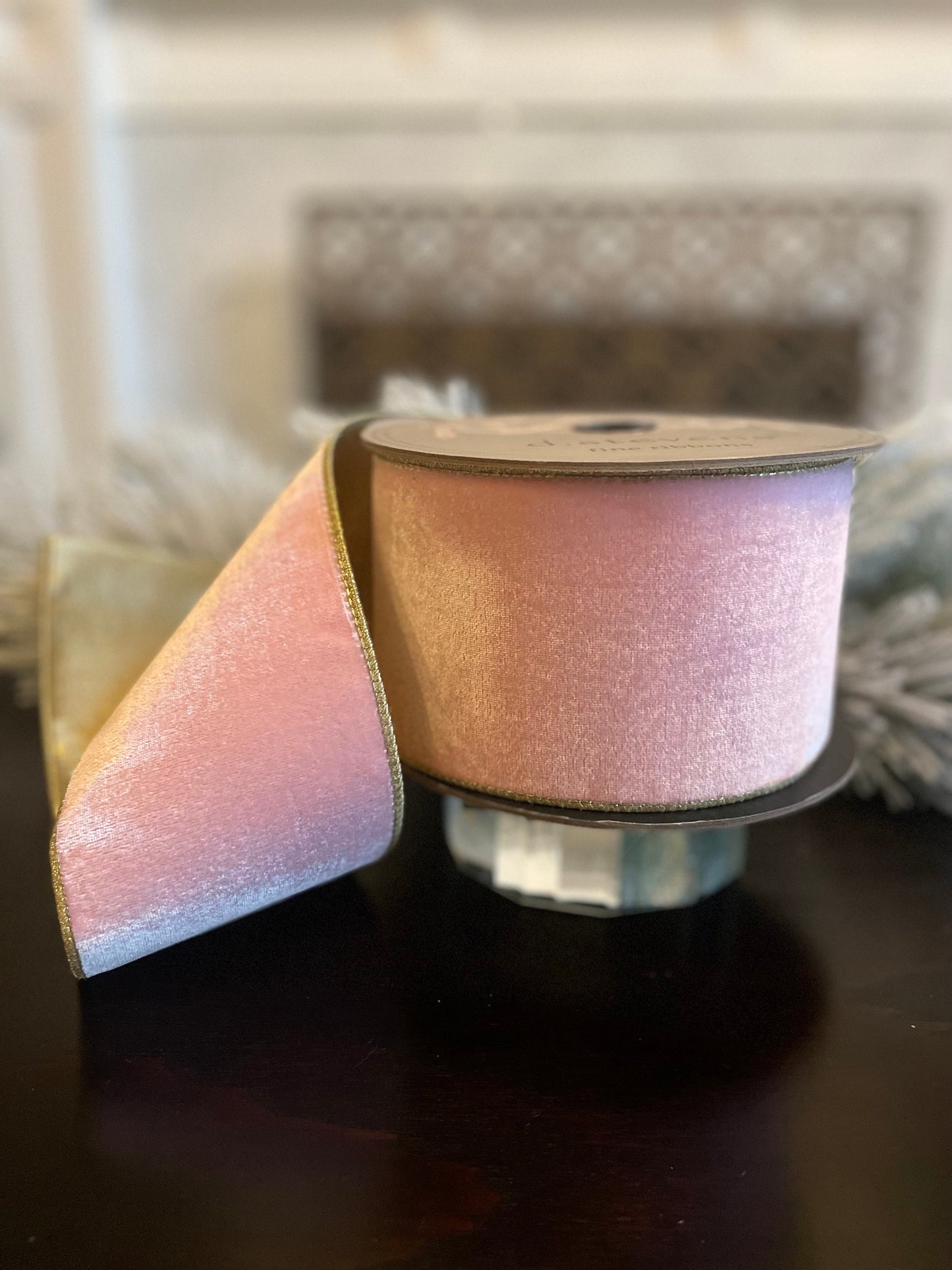 Designer pink strawberry lush velvet light gold back ribbon. 4”x 10 yards. Wired. D. Stevens.