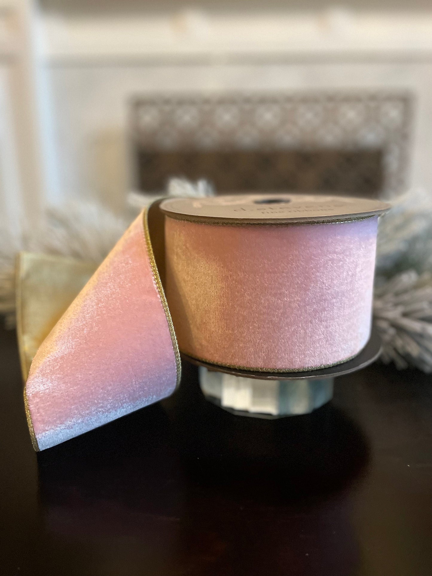 Designer pink strawberry lush velvet light gold back ribbon. 4”x 10 yards. Wired. D. Stevens.