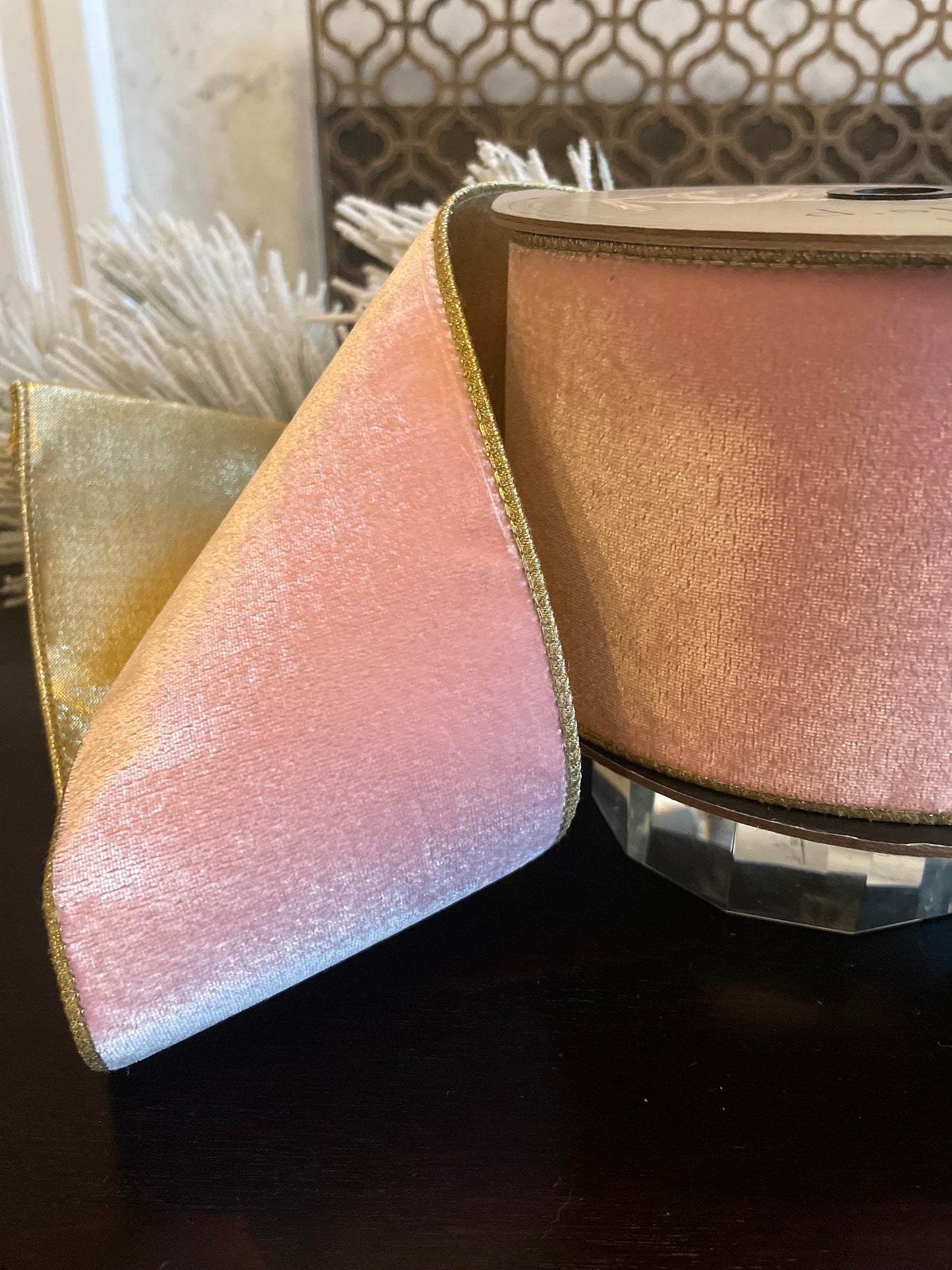 Designer pink strawberry lush velvet light gold back ribbon. 4”x 10 yards. Wired. D. Stevens.