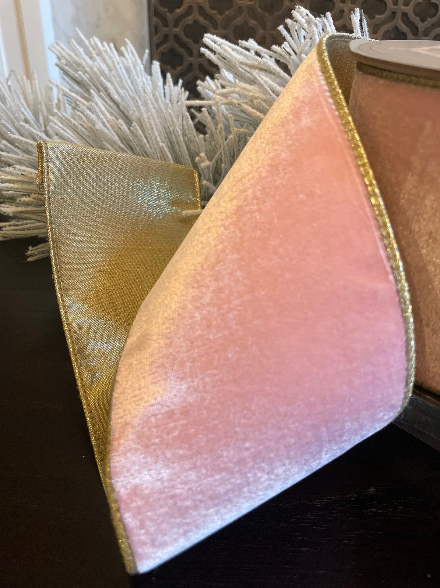 Designer pink strawberry lush velvet light gold back ribbon. 4”x 10 yards. Wired. D. Stevens.