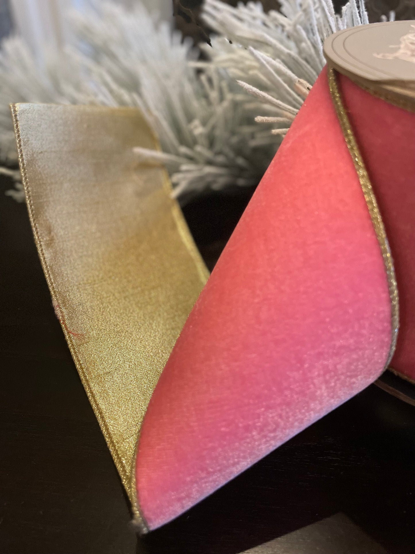 Designer lush velvet pink lemonade and light gold back ribbon. 4”x 10 yards. Wired. D Stevens.