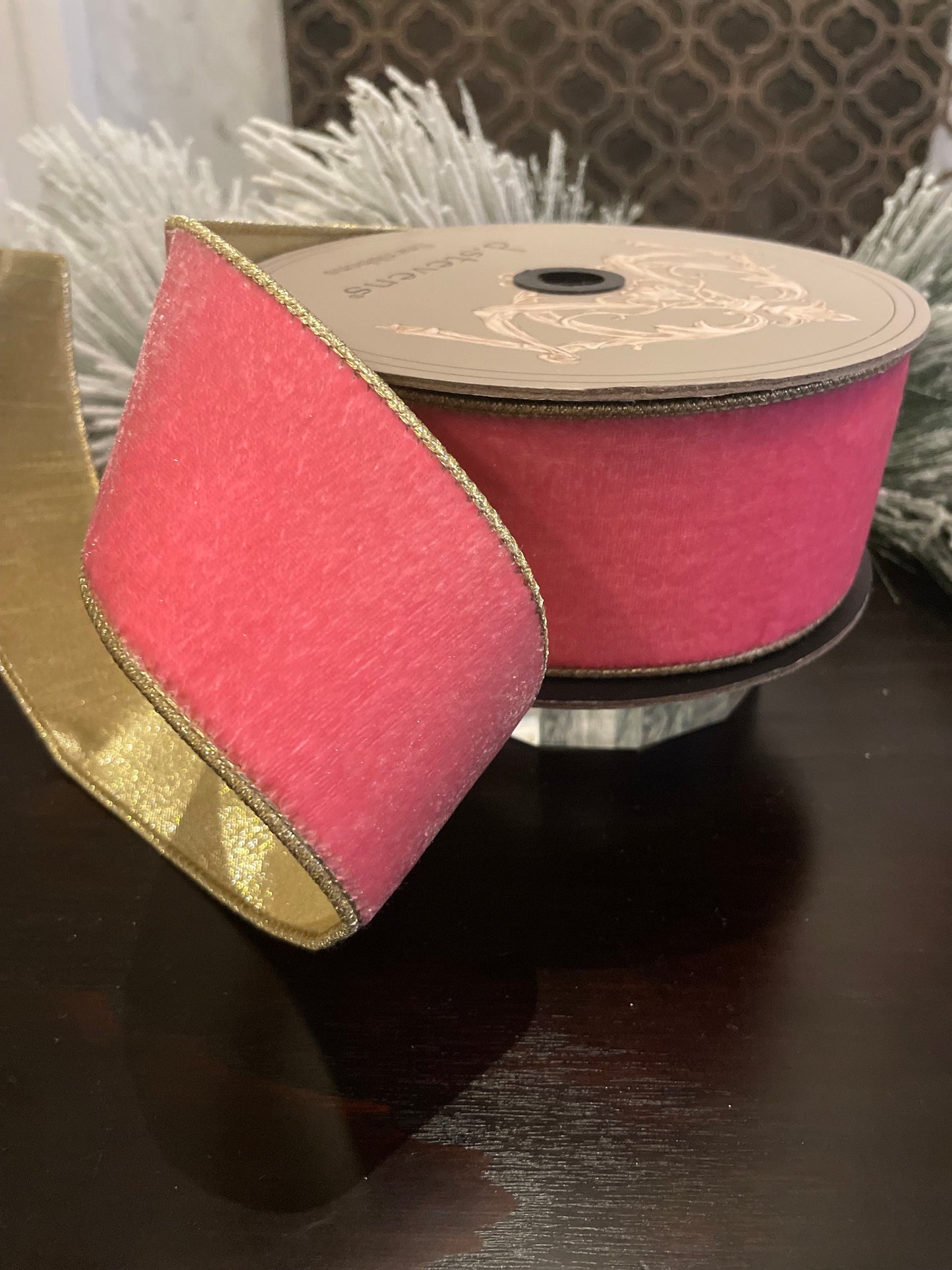 2.5" x10 yds Designer velvet pink lemonade ribbon. Light gold back. D. Stevens. Wired.