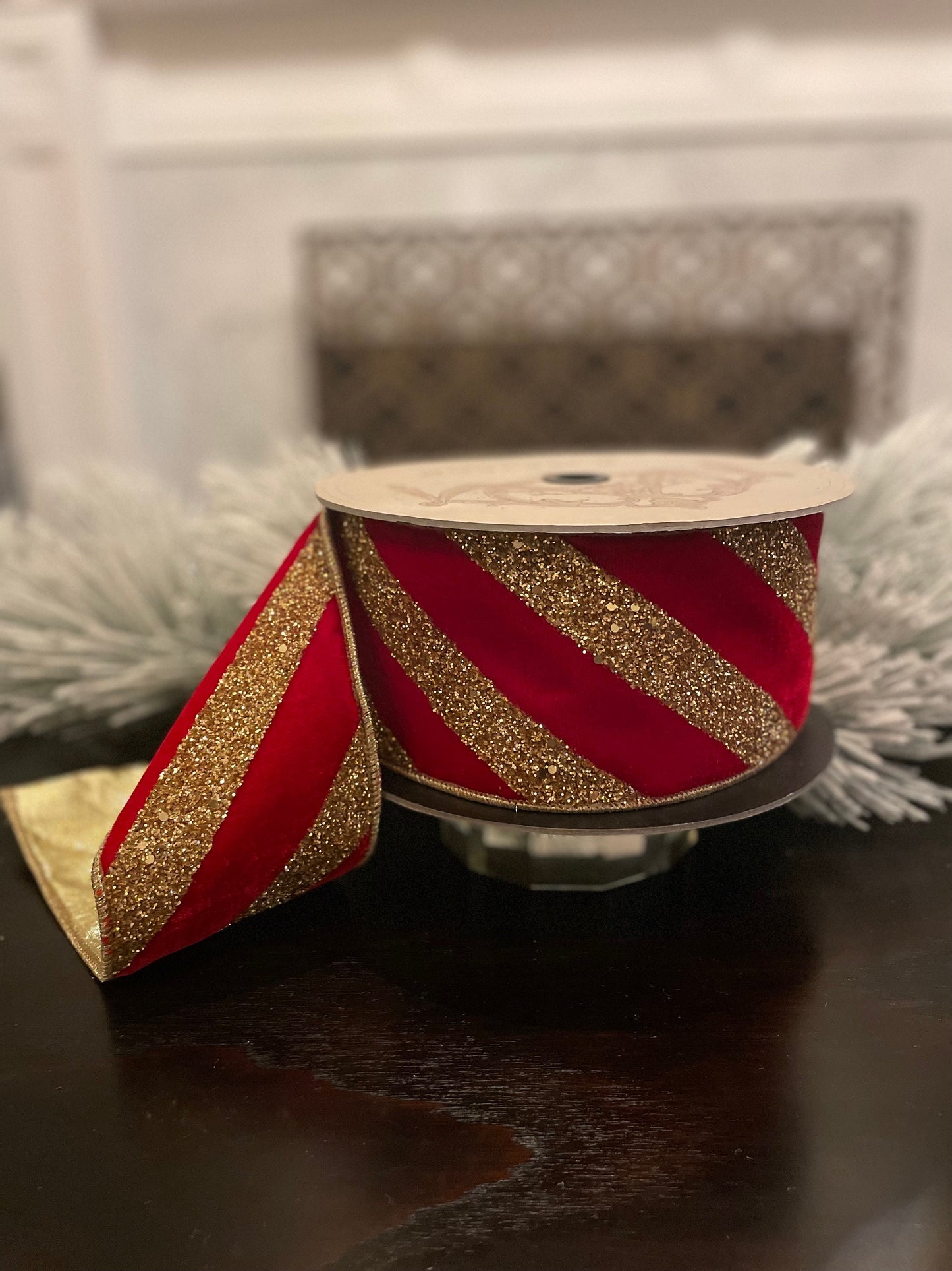 4" x 10yds red velvet and gold glitter diagonal striper. D. Stevens. Wired.