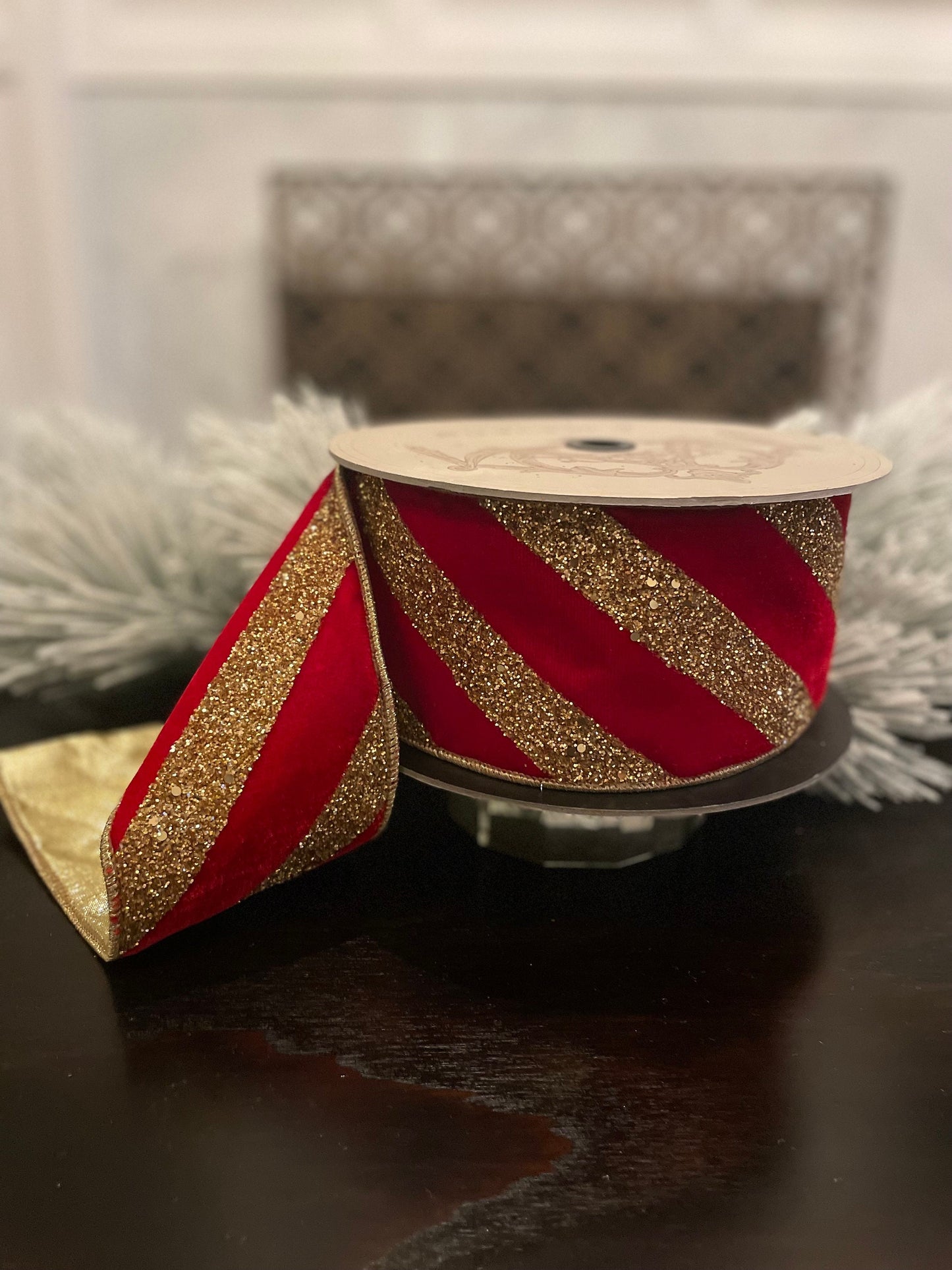 4" x 10yds red velvet and gold glitter diagonal striper. D. Stevens. Wired.