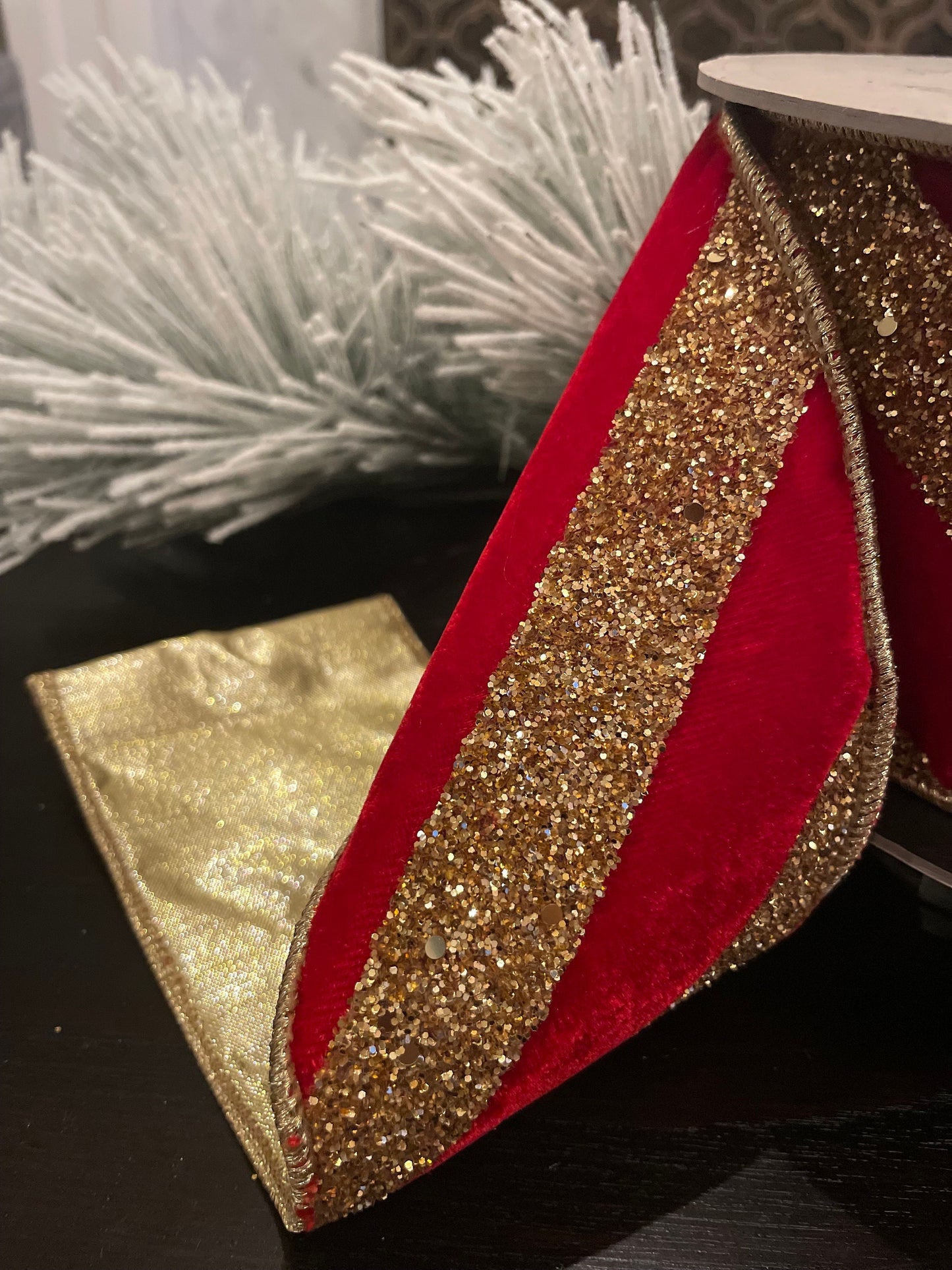 4" x 10yds red velvet and gold glitter diagonal striper. D. Stevens. Wired.