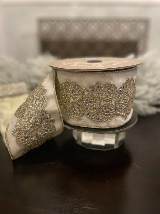 Designer velvet winter white circular clear jewel trim metallic back ribbon. 4”x 5 yards. Wired. D. Stevens.
