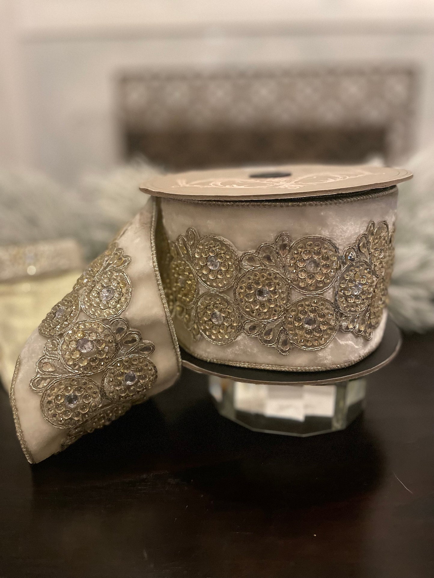 Designer velvet winter white circular clear jewel trim metallic back ribbon. 4”x 5 yards. Wired. D. Stevens.