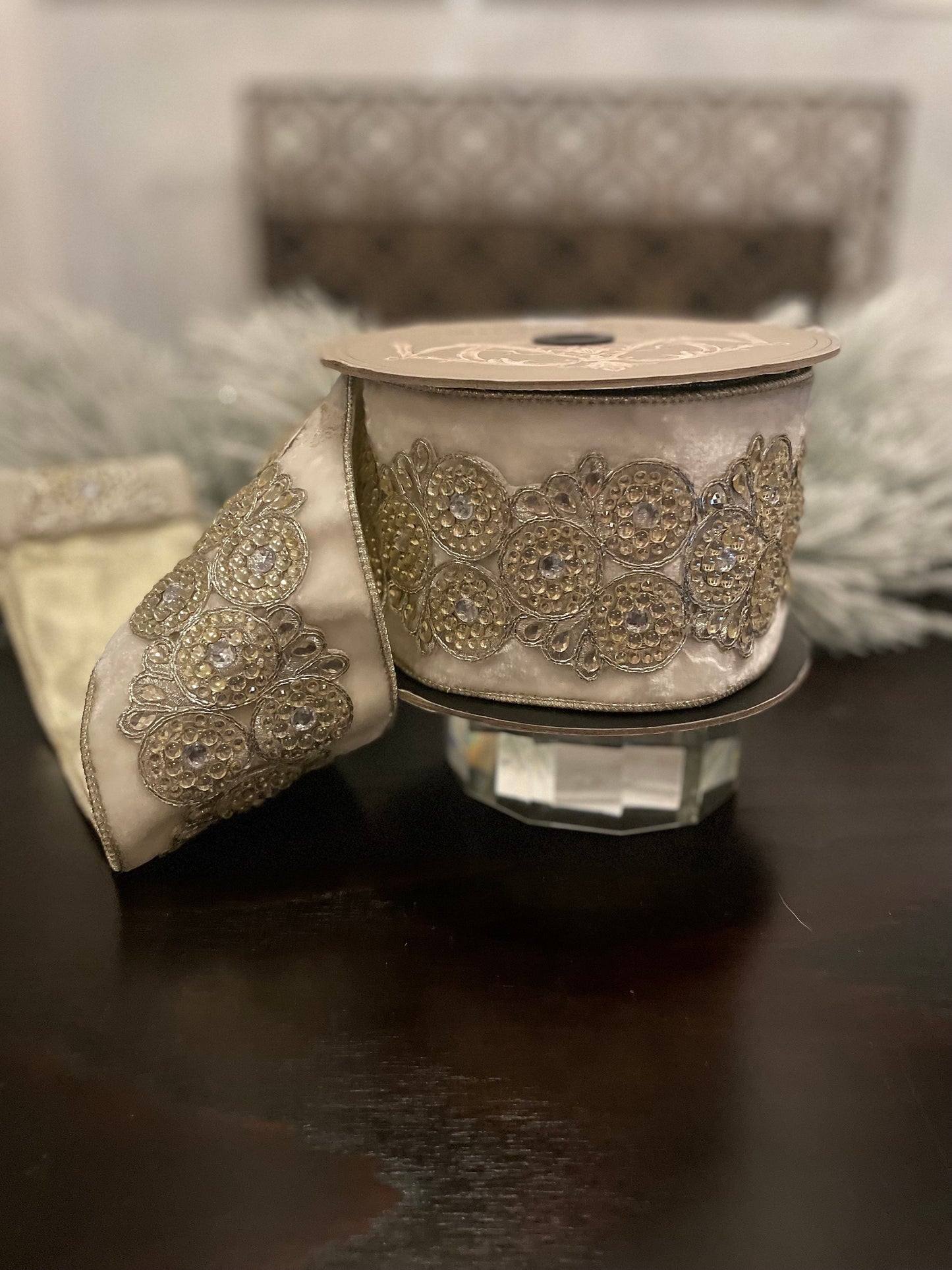 Designer velvet winter white circular clear jewel trim metallic back ribbon. 4”x 5 yards. Wired. D. Stevens.