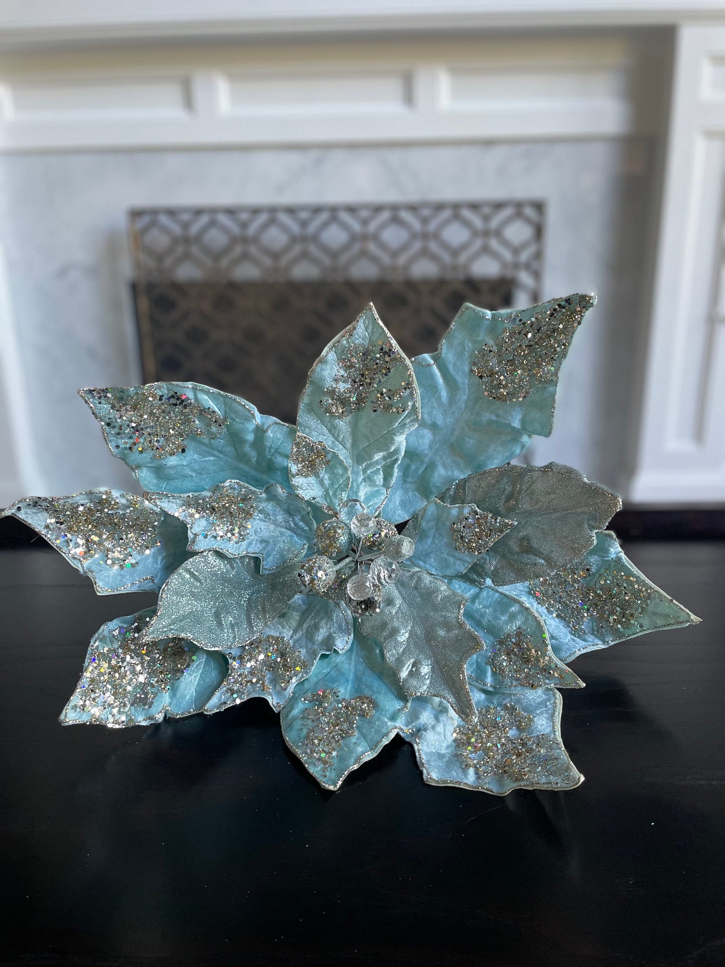 22”Extra large Poinsettia soft blue, glitter and beaded 22” tip to tip