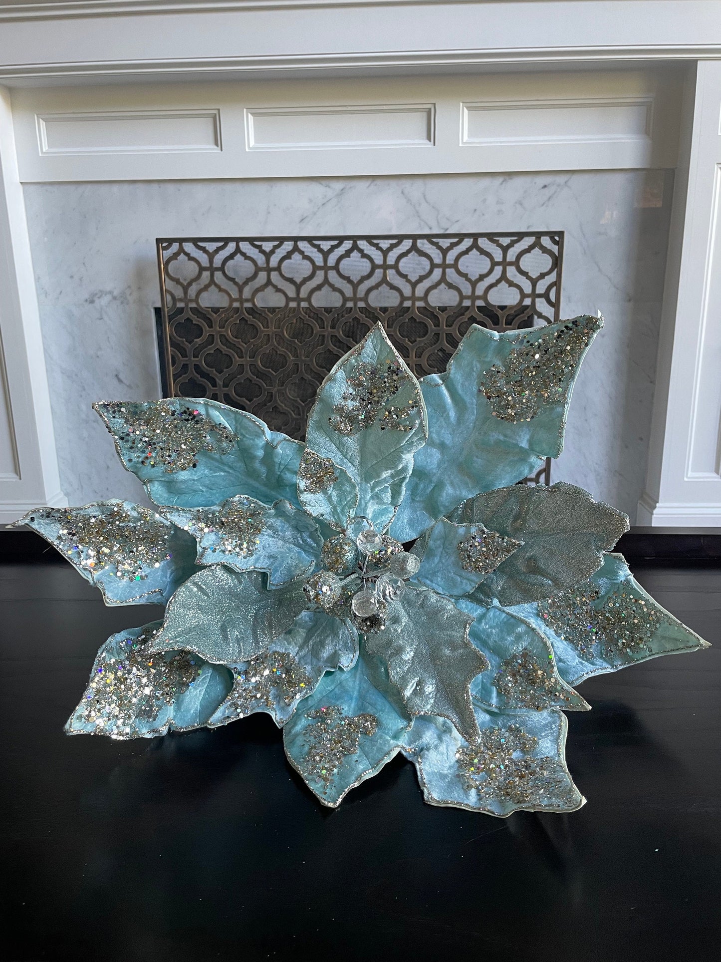 22”Extra large Poinsettia soft blue, glitter and beaded 22” tip to tip