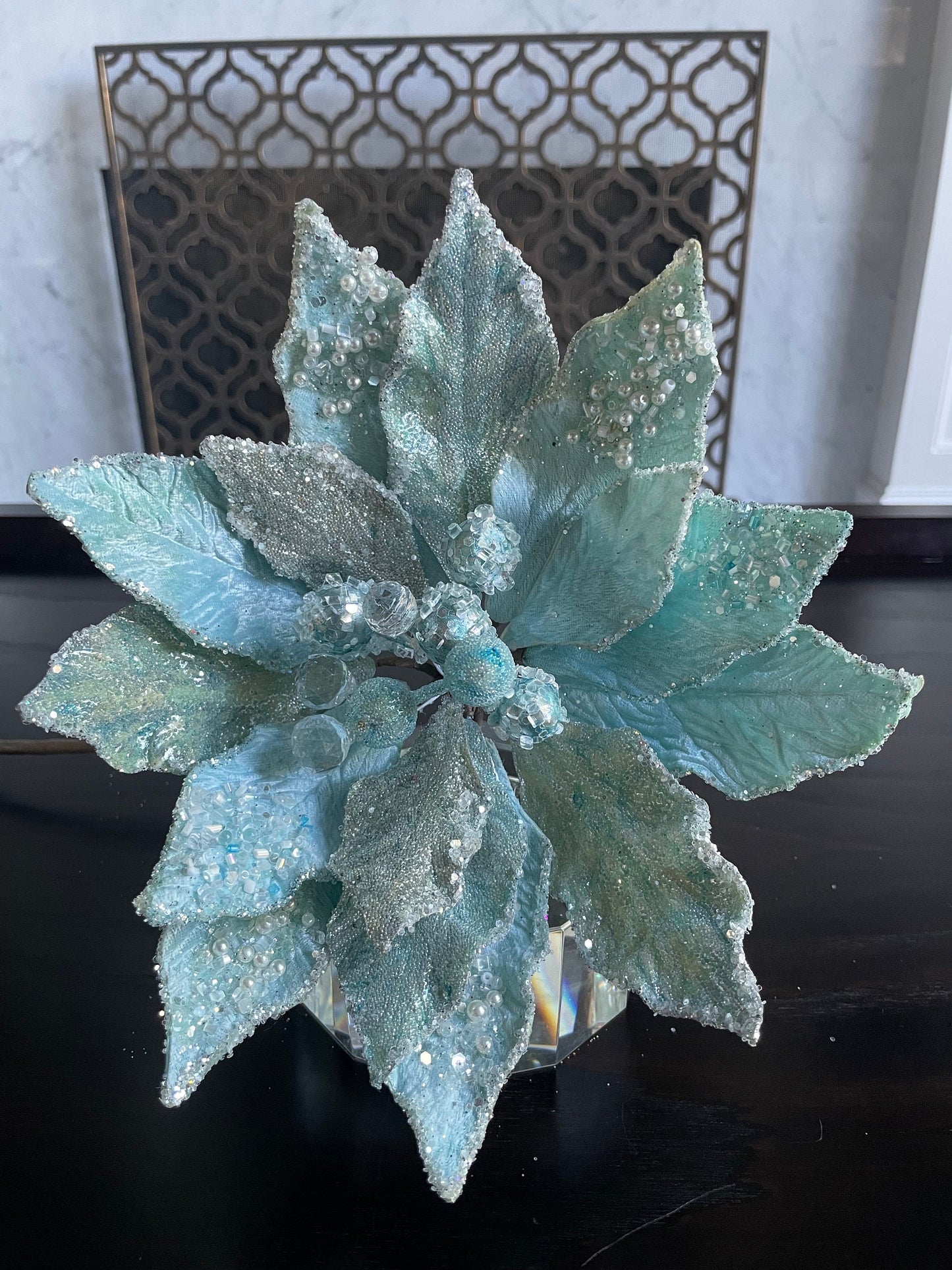 10.5” Poinsettia stem snow sky blue, pearls and beaded 10.5” tip to tip
