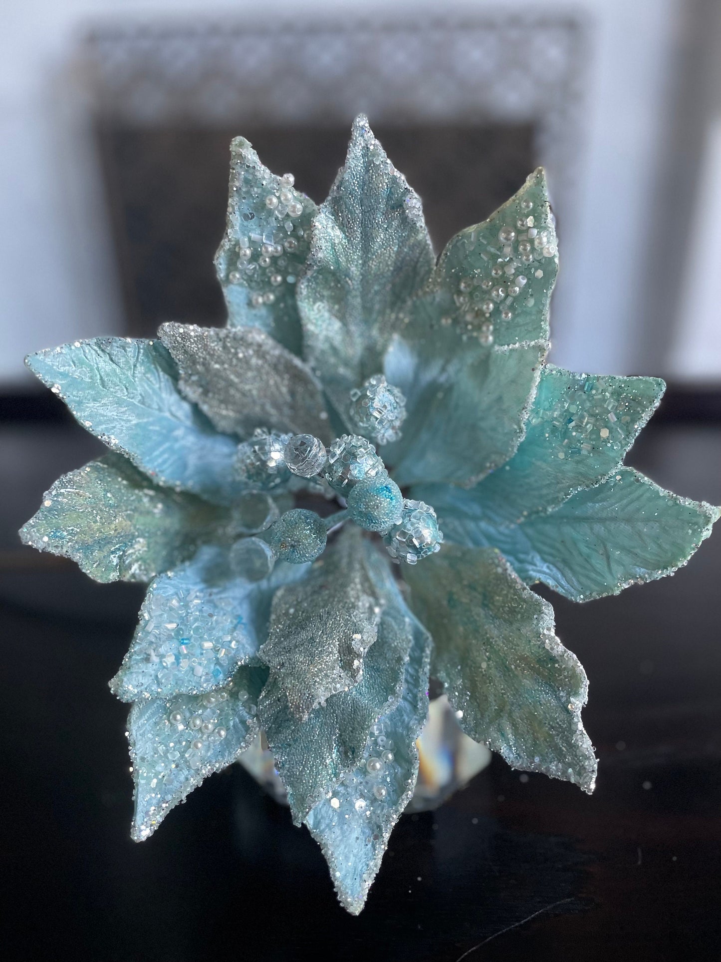 10.5” Poinsettia stem snow sky blue, pearls and beaded 10.5” tip to tip