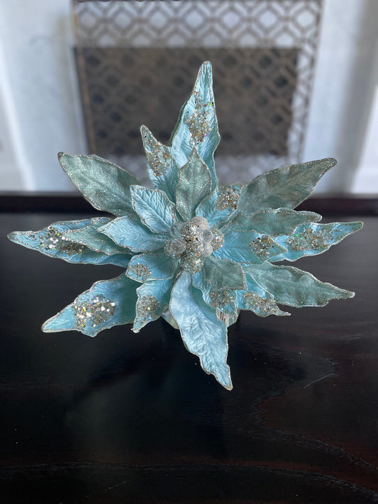 17.5” Clip Poinsettia beaded and glitter soft blue. 17.5” tip to tip.