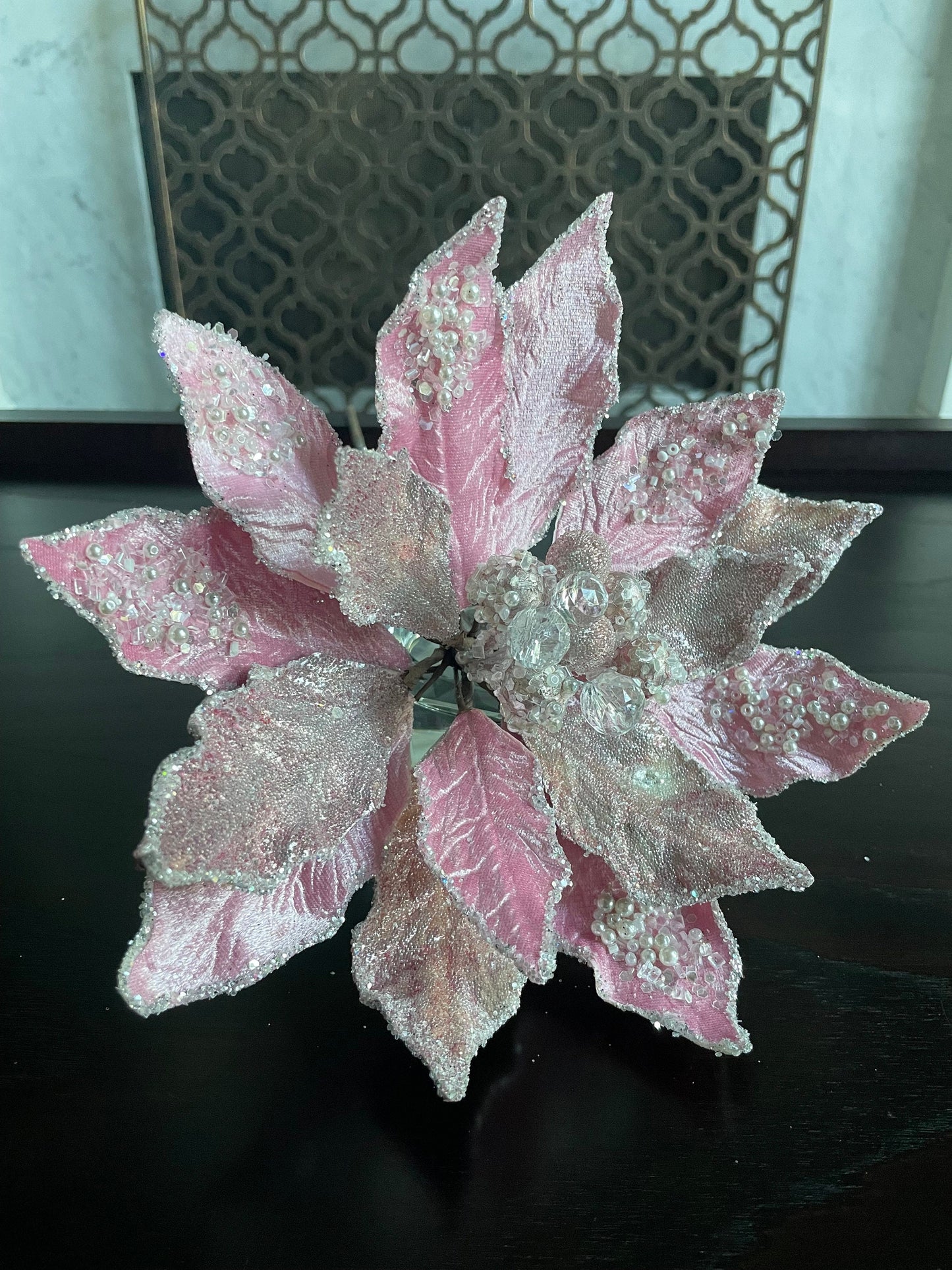 10.5” Poinsettia snow soft pink, beaded and pearls, stem, soft pink. 10.5” tip to tip.