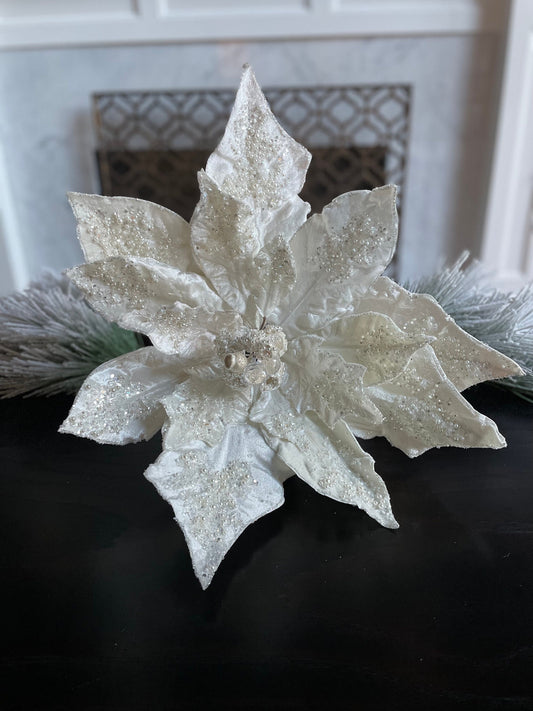 22” Poinsettia pick pearl, soft white, pearls and sequins 22” tip to tip.
