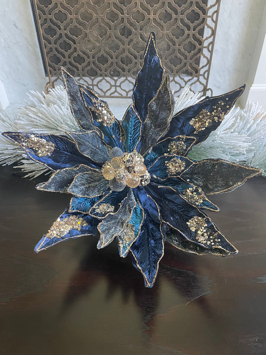 17.5” Poinsettia clip sapphire rose gold. Beaded and glitter. 17.5” tip to tip.