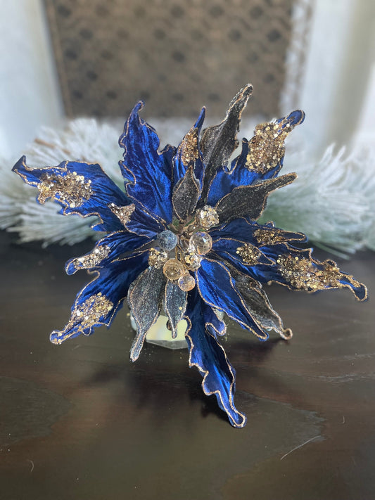 15” Poinsettia stem sapphire and rose gold glitter and beaded. 15” tip to tip.