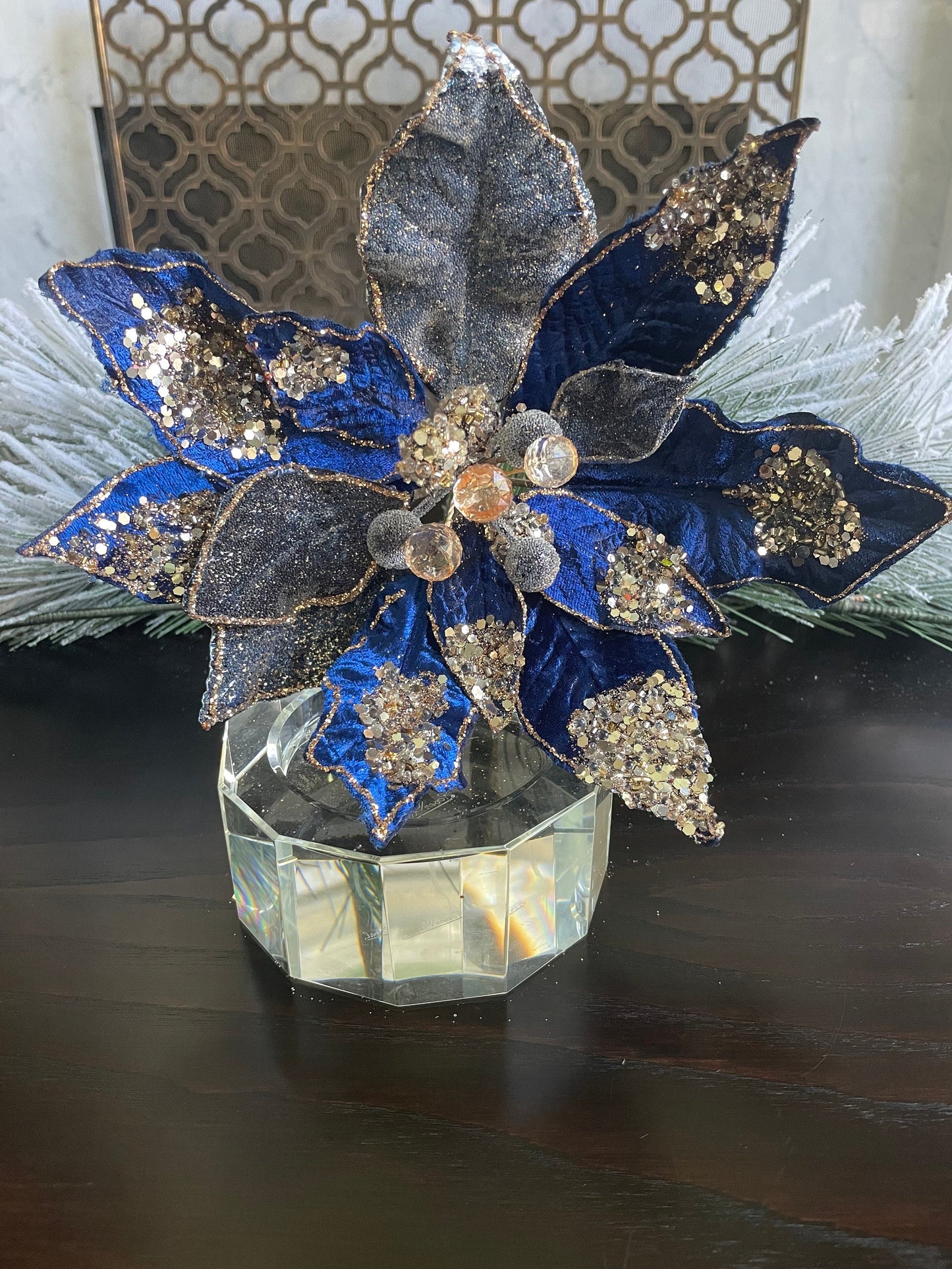 10” Poinsettia stem sapphire and rose gold glitter and beaded. 10” tip to tip.