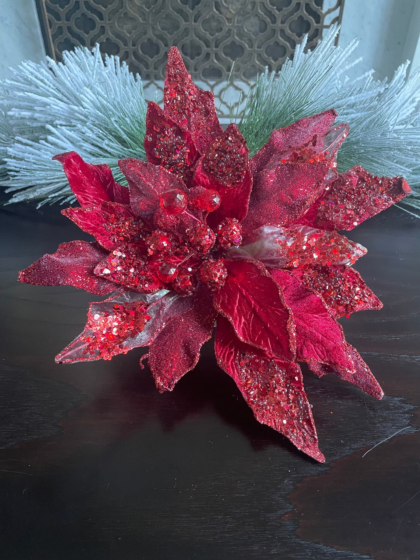 12” Poinsettia clip red beaded and glitter. 12” tip to tip.