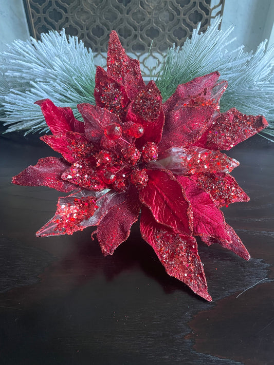 12” Poinsettia clip red beaded and glitter. 12” tip to tip.