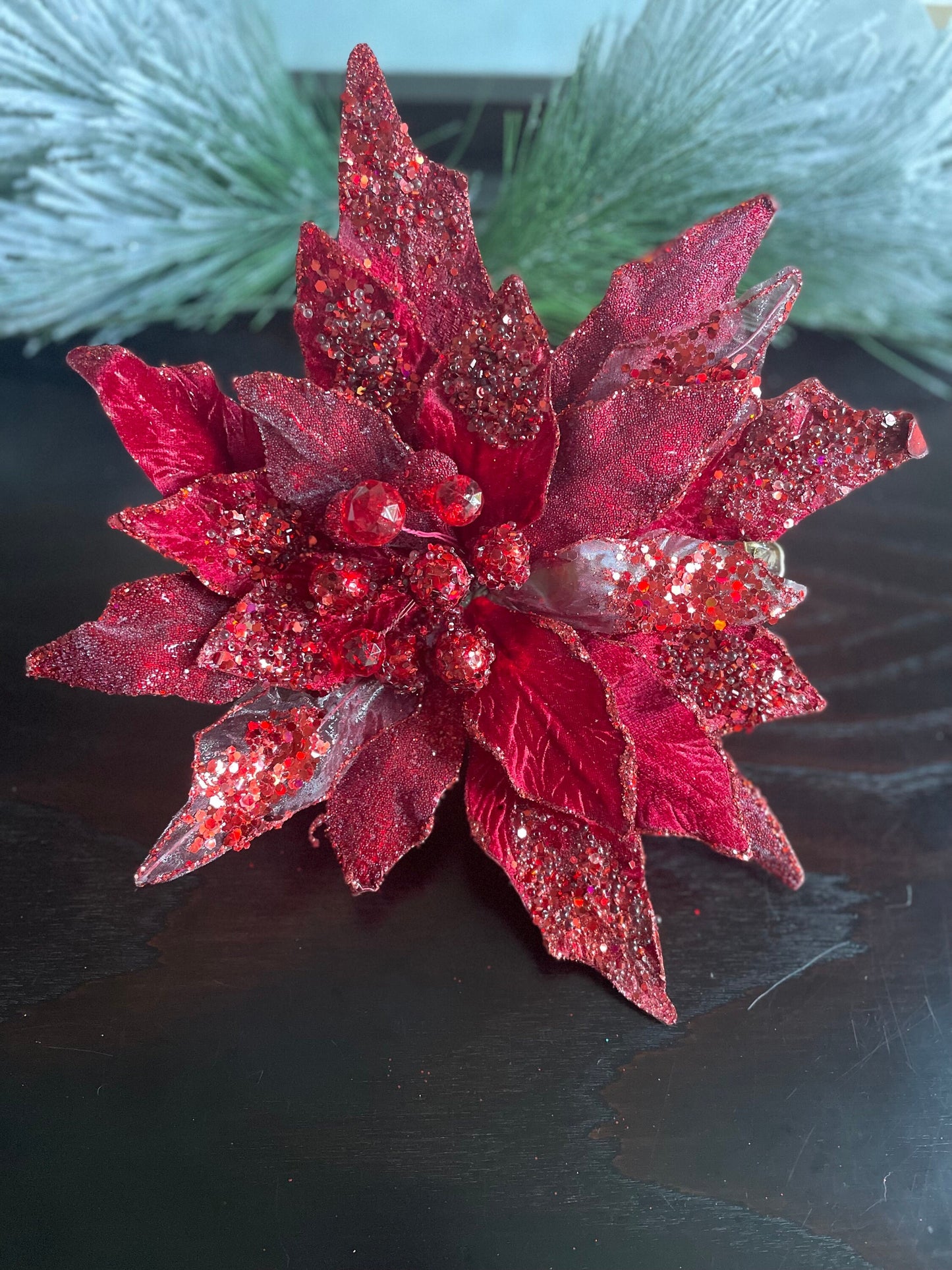 12” Poinsettia clip red beaded and glitter. 12” tip to tip.