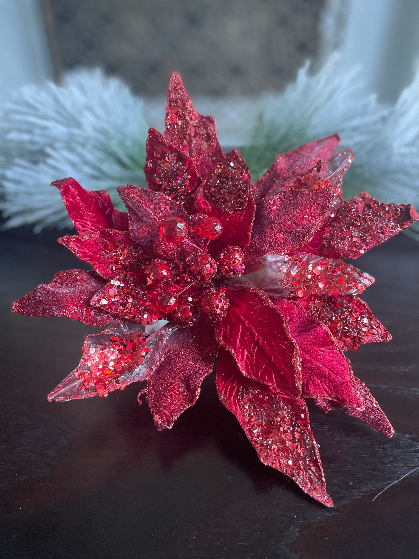 12” Poinsettia clip red beaded and glitter. 12” tip to tip.